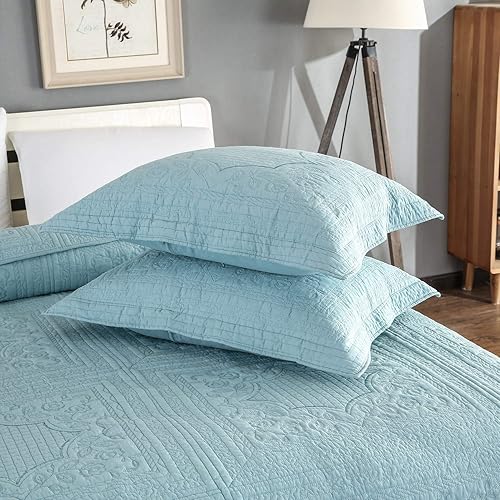 Miniatura 2 de Brandream Juego de ropa de cama de lujo de granja 100% algodón, tamaño Queen, King, vintage, elegante, juego de colcha acolchada azul aguamarina (98
