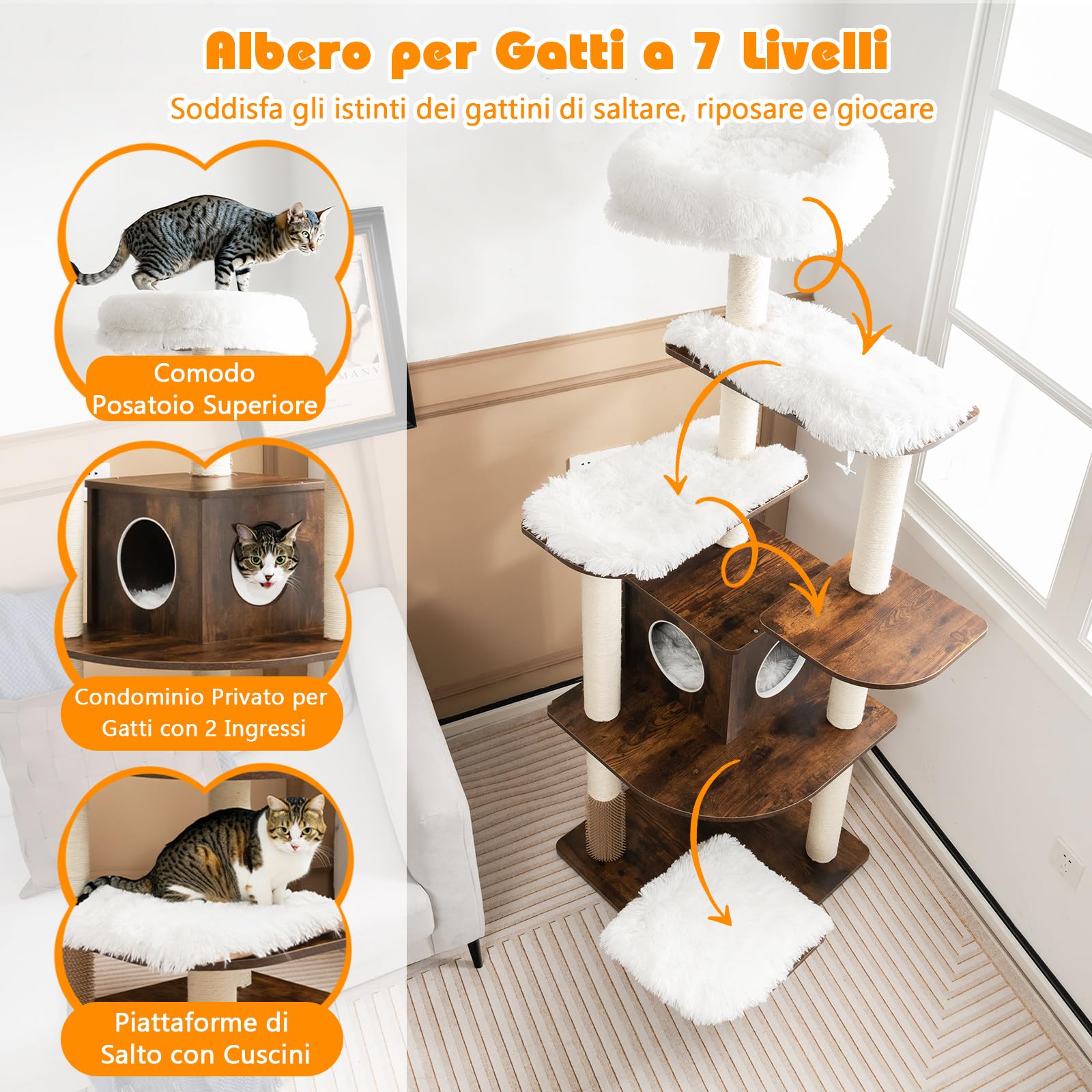COSTWAY Tiragraffi per Gatti Adulti Con Cuccia, Piattaforma, Cuscini e Albero Alto in Legno - 60 x 60 x 160 cm