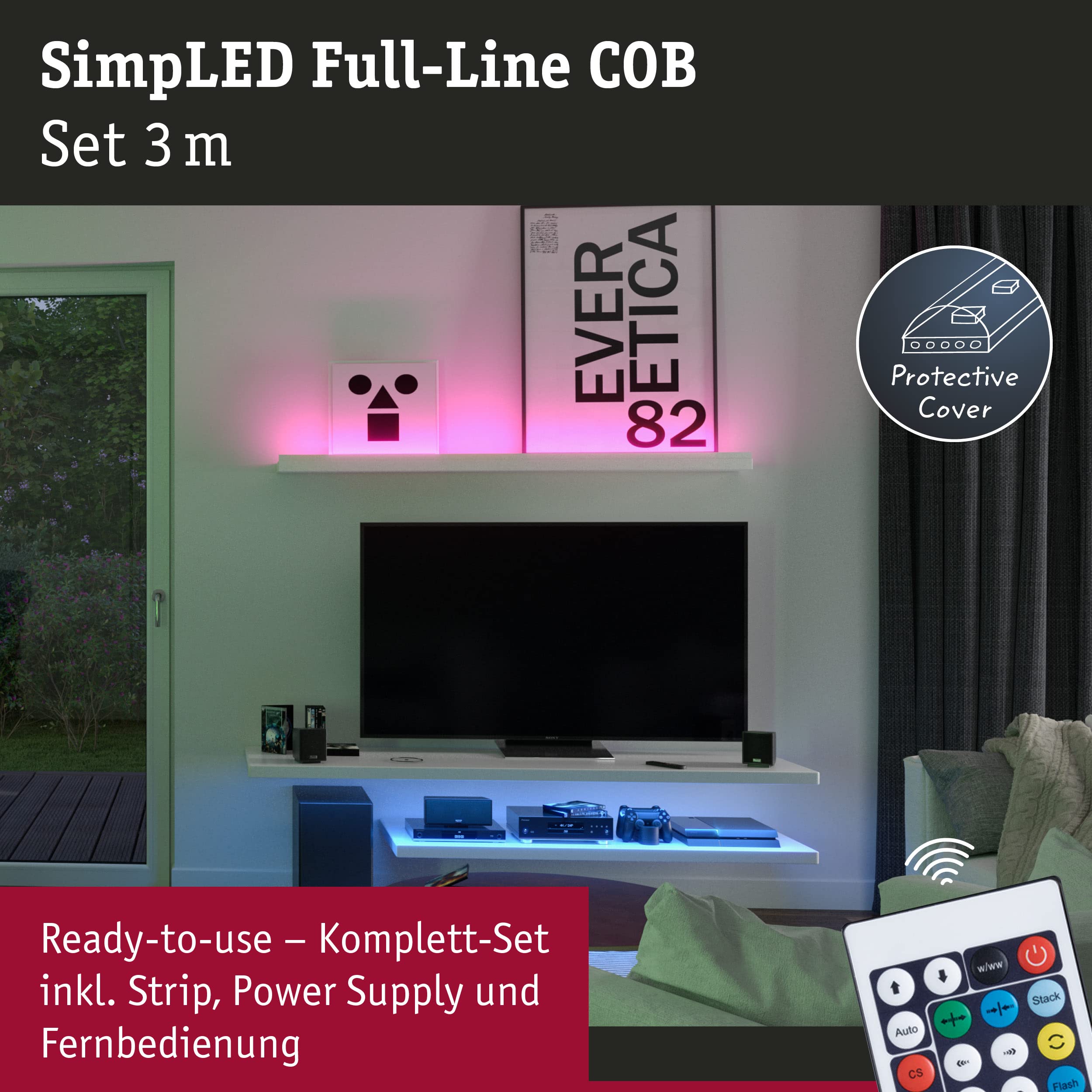 Paulmann 78864 SimpLED LED Strip Full-Line COB Komplettset 3m 22W 990lm 840LEDs/m RGB 24VA dimmbar Weiß Metall