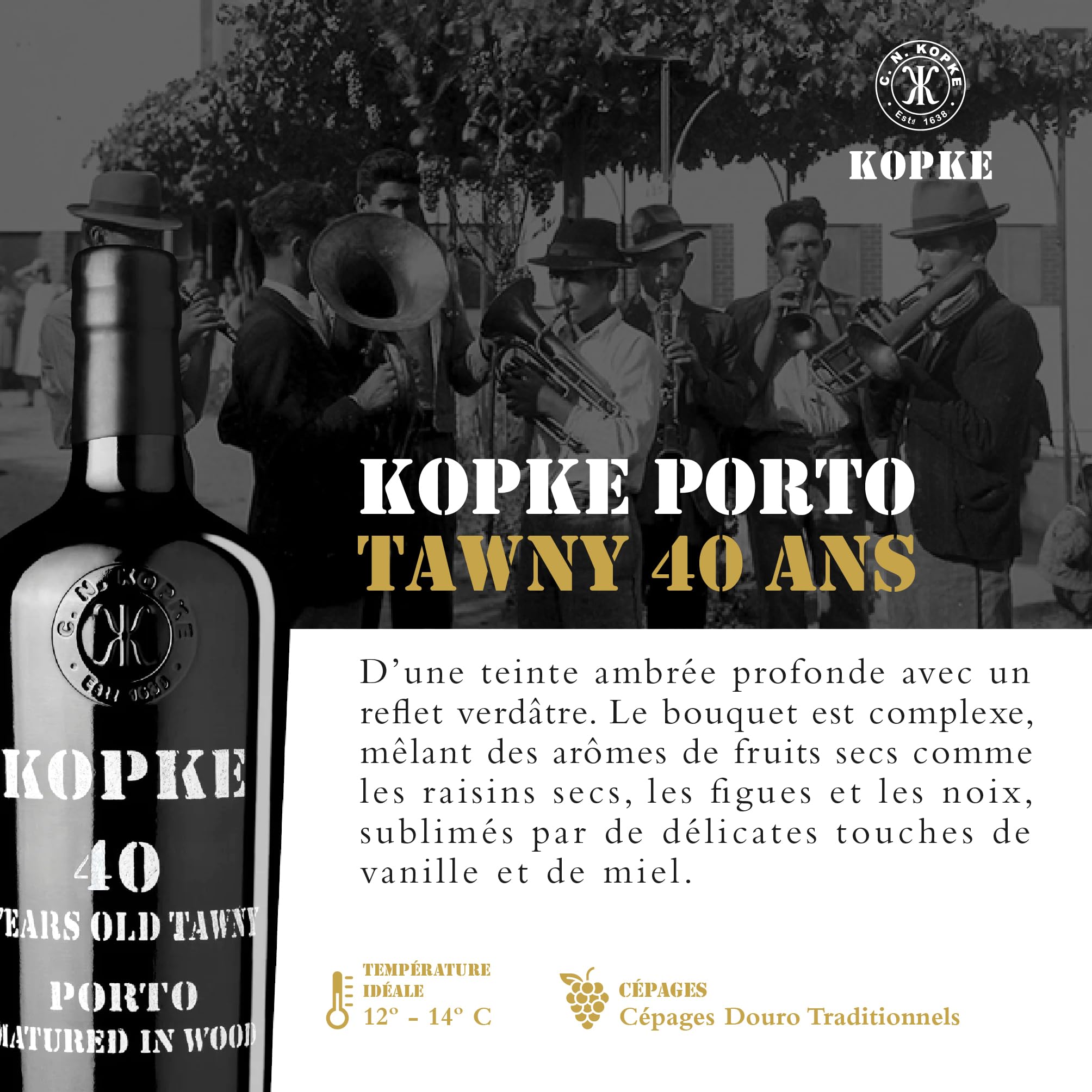 Kopke Porto Tawny 40 Ans – Un Porto Tawny Rouge d’Exception, Vieilli avec Savoir-Faire à partir des Meilleurs Cépages du Douro | Présenté dans un Coffret Cadeau en Bois Raffiné | 0,75L, 20% Vol.