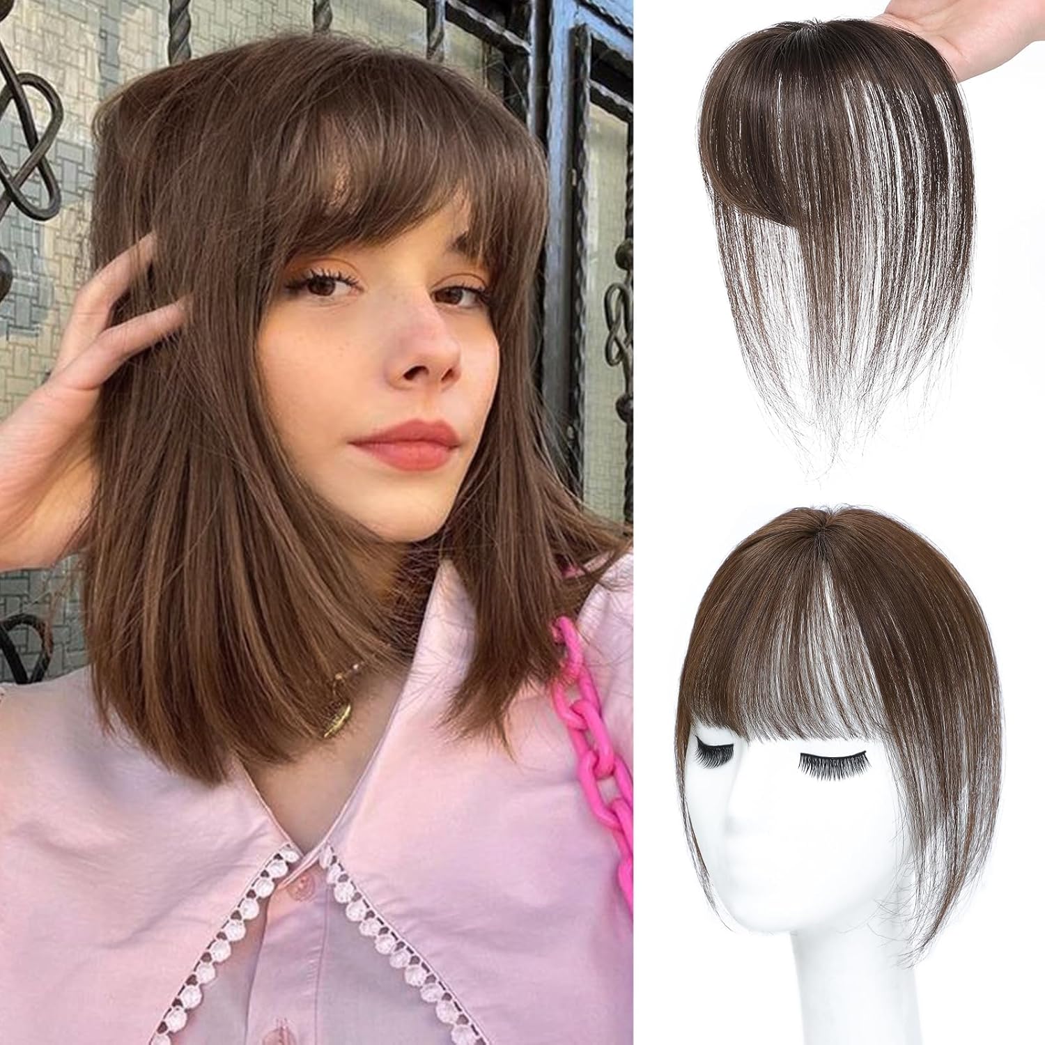 NAYOO Bangs Hair Clip -Brown Fake Bangs Clip in Bangs Human Hair 360° Cover Wipsy Bangs for Women, 2 Secure Clips in Full Fringe Hair Toppers for Women