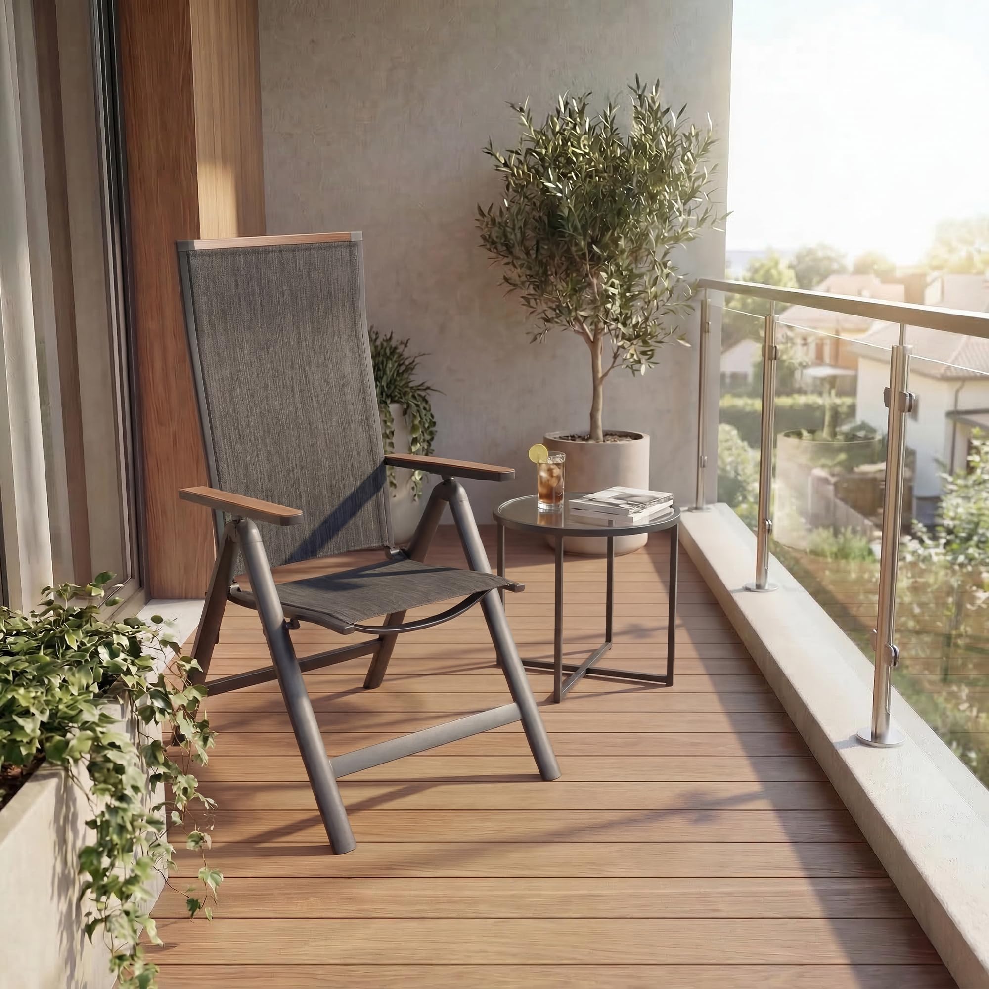 Grand patio Fauteuil Salon, Chaise Pliante Camping, Transat Pliable, Fauteille Relax de Jardin Exterieur, Réglable en 6 Directions, avec Main Courante, Lot de 1