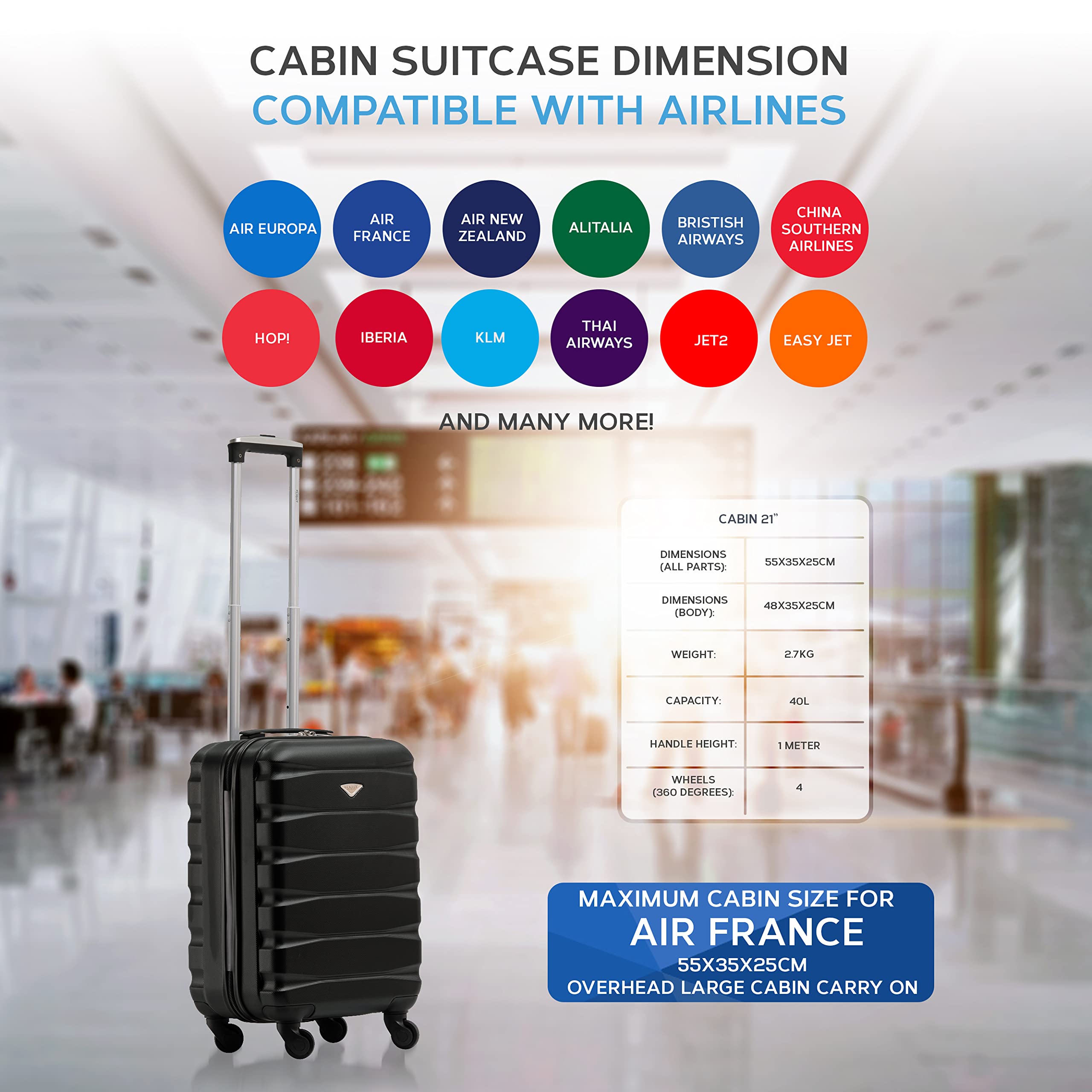 Flight Knight Set of 2 Lightweight 4 Wheel ABS Hard Case Suitcases Cabin Carry On Hand Luggage Approved for Over 35 Airlines Including easyJet, Maximum Size for KLM & Air France 55x35x25cm