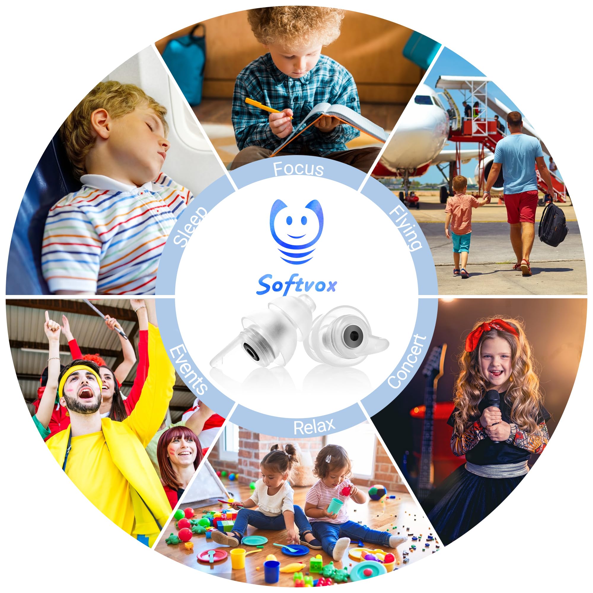 Softvox Tapones Para Los Oídos Para Niños(5-12 Años): Tapones Pequeños Reutilizables Para Aviones, Concentración, Conciertos, Viajes, Socialización, Deportes Y Sensibilidad Al Ruido. 8 Tapones En Tall