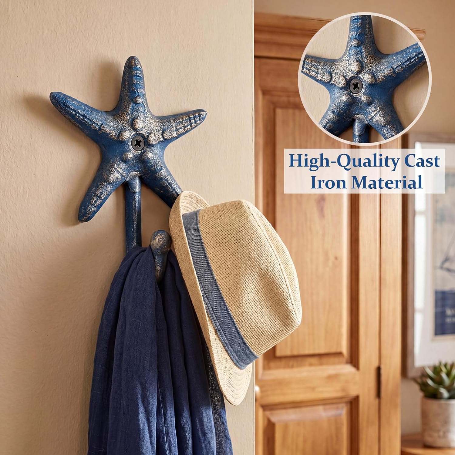LEIFIDE 8 Set Starfish Cast Iron Wall Hooks, Nautical Blue Gold Rust Finish image 4