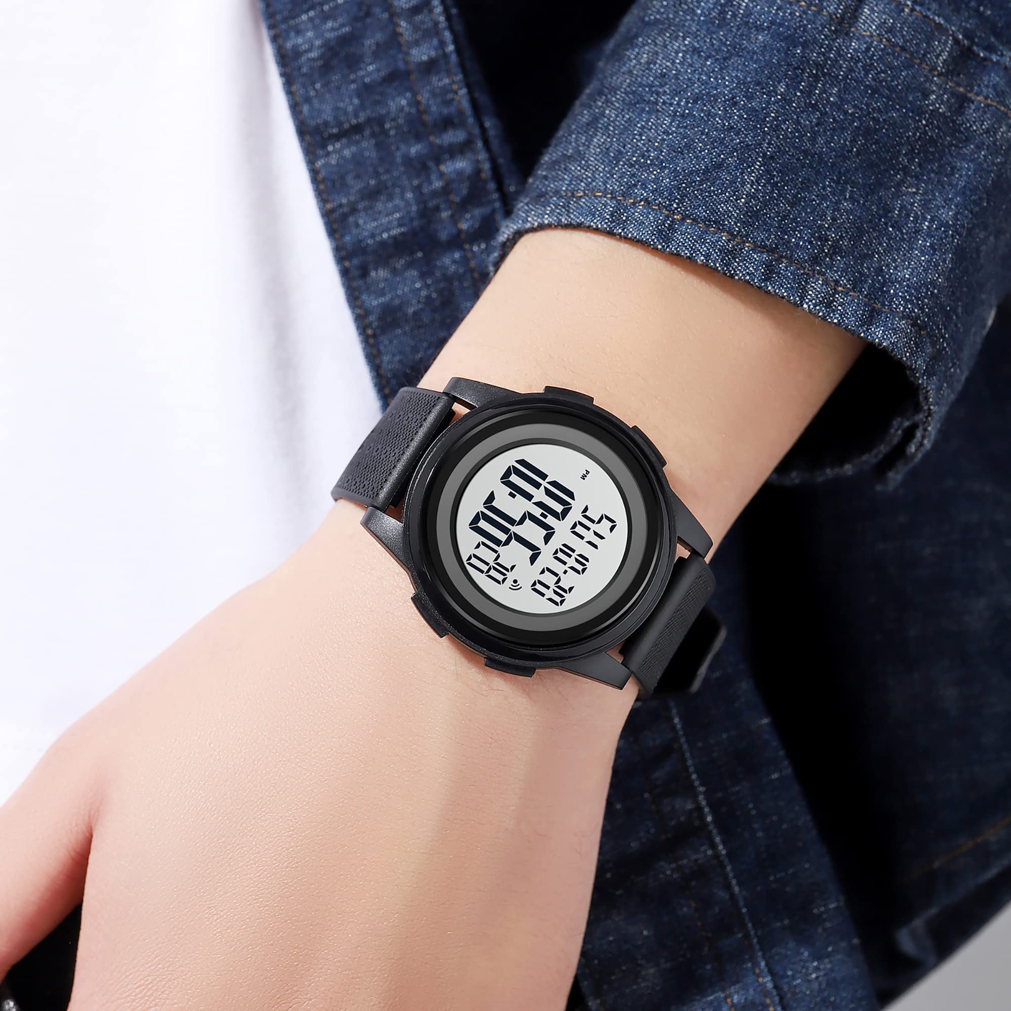 findtime Reloj militar para hombre, reloj deportivo táctico, reloj digital, cronógrafo, cuenta atrás, 5 ATM, resistente al agua, reloj despertador, cronómetro, reloj de pulsera, negro blanco, Correa