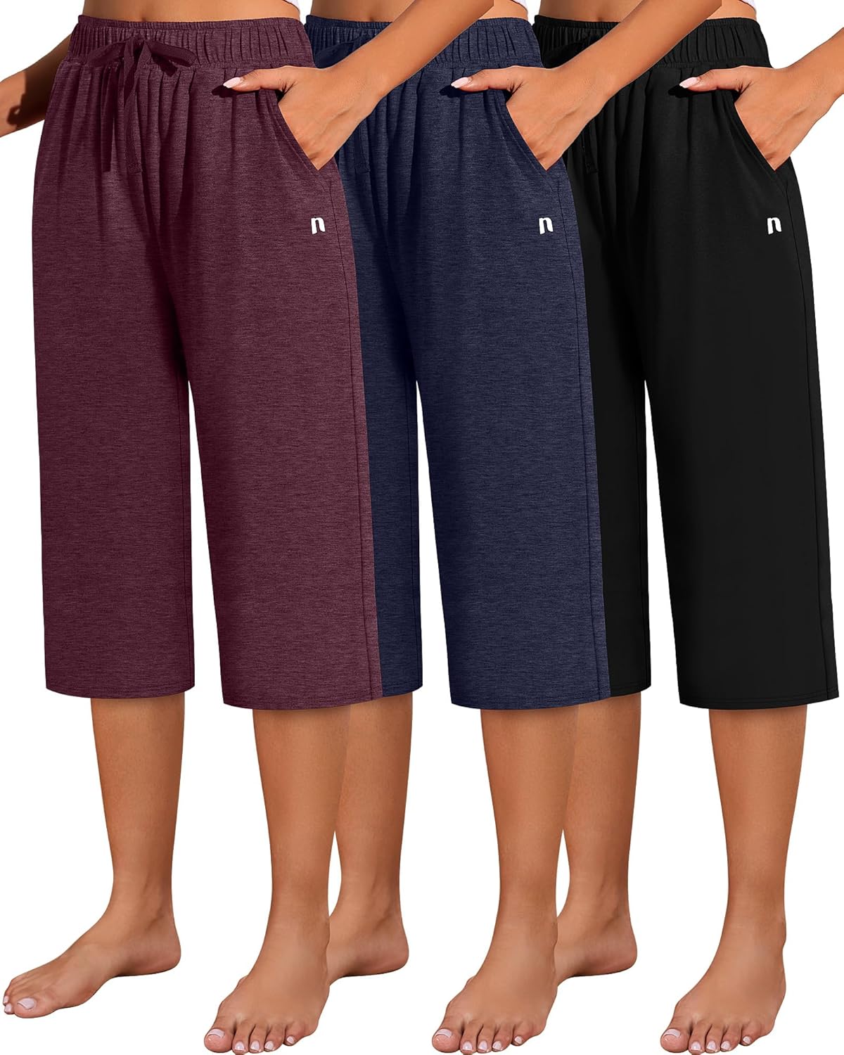 Neer 3 Pack Women's Capri Pants, Cotton Wide Leg Basic Sweatpants Lounge Loose Fit Casual Drawstring Yoga Capris with Pockets