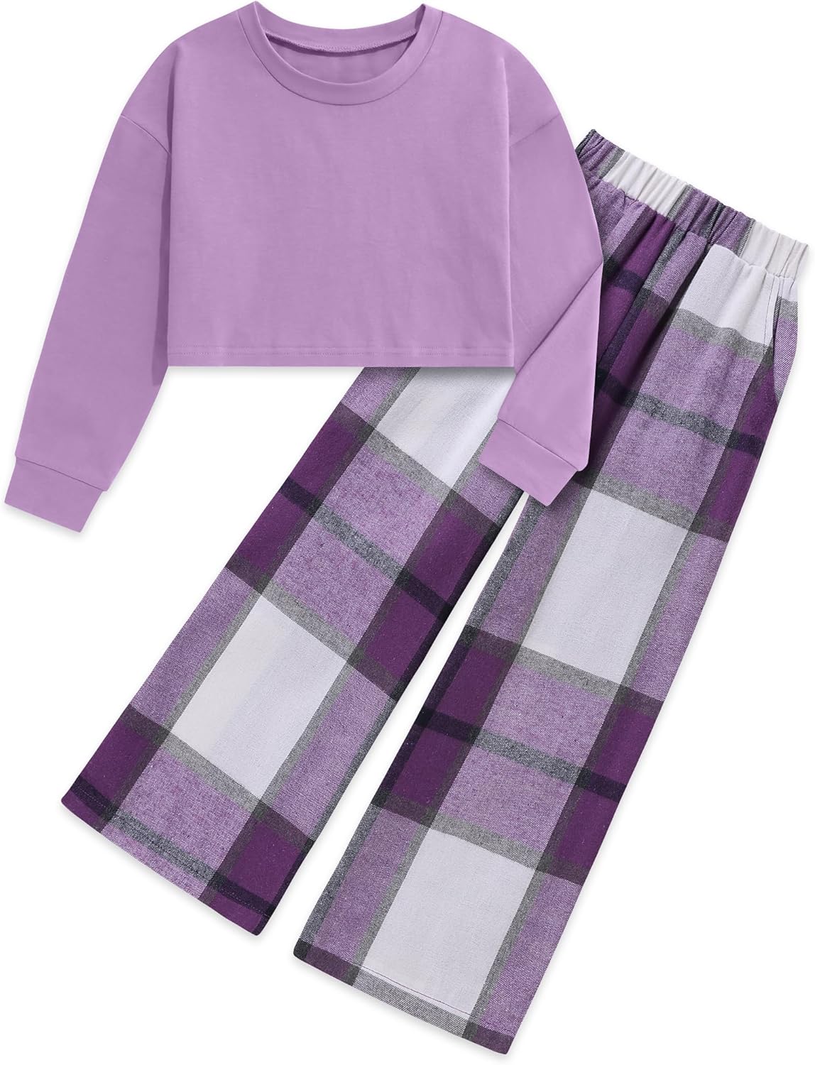 Girls Clothes Solid Long Sleeve Tops Plaid Wide Leg Pants with Pockets Girls Outfits Size 6-14