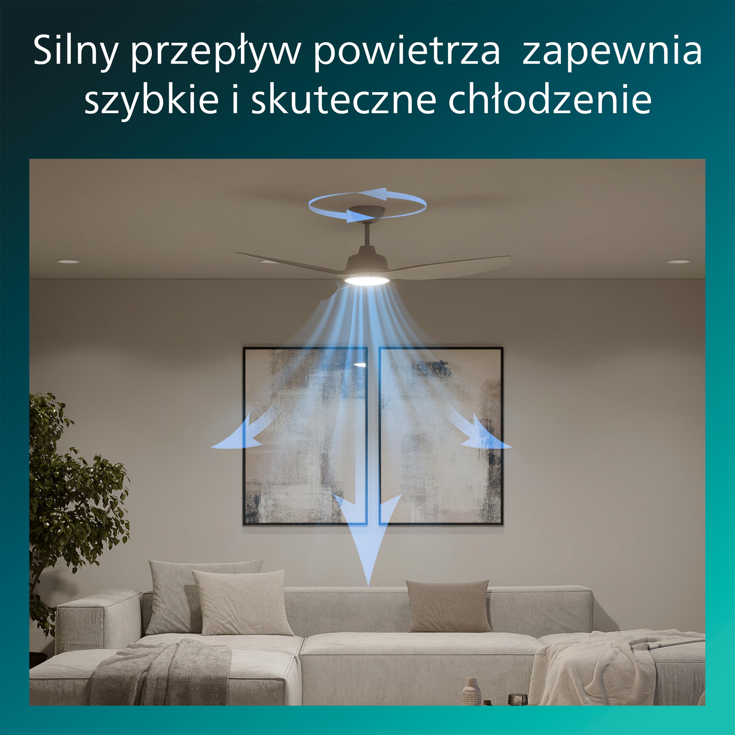 Wentylator Sufitowy Philips Olas LED Ze Stałym Łopatkami, 3 Łopatki, Średnica 132 cm, 2650 Lumenów, Regulowana Barwa Bieli 3000–6500 K, Przyciemnianie do 5%, Pilot, Biały/Drewno
