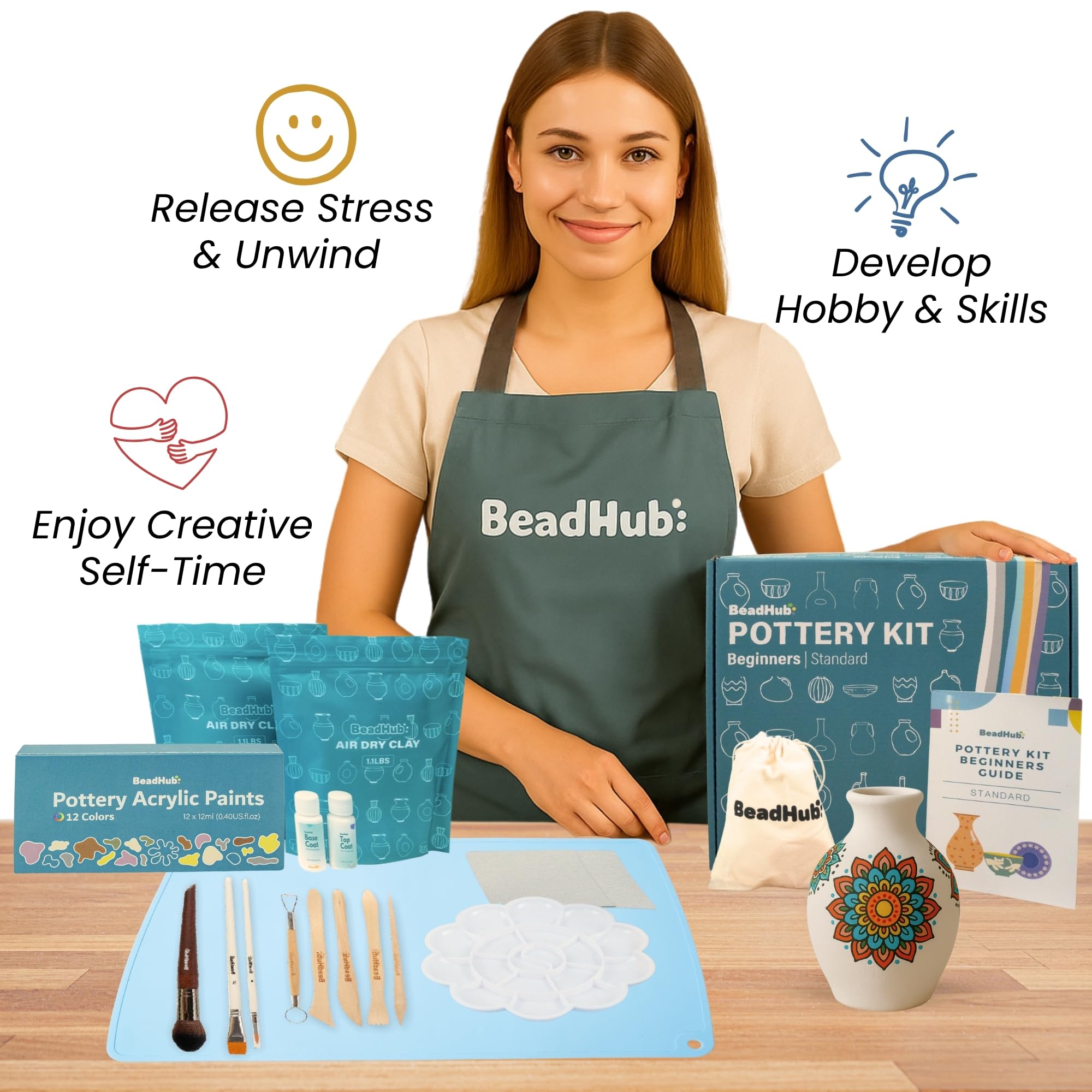 Beginner Pottery Kit - Air Dry Clay & Tools -5