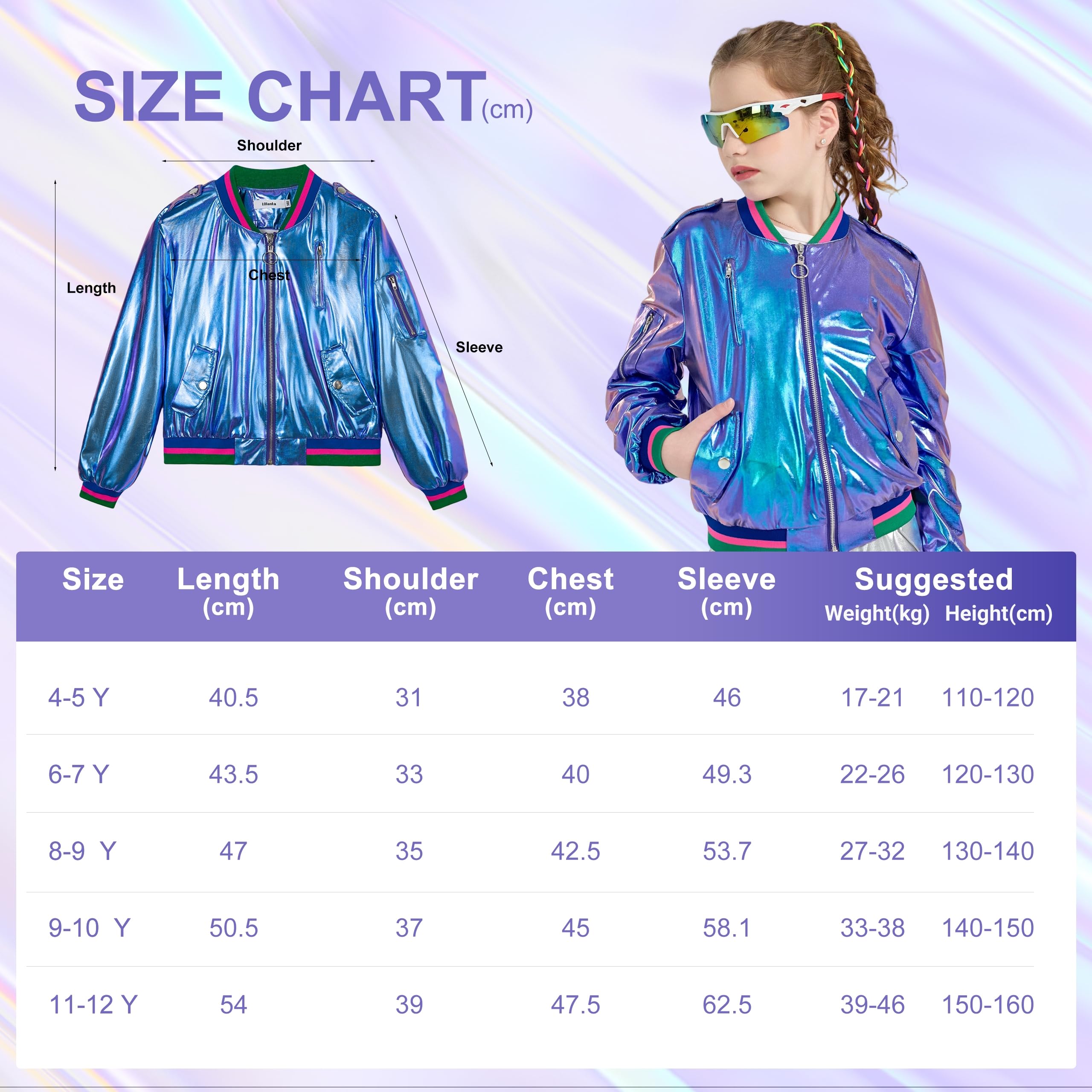 LOLANTA Chaqueta Bomber Metálica Brillante para Niña, Cazadora Ligera de Primavera y Otoño con Cremallera y Bolsillos, Estilo Corto, Cortaviento e Impermeable, 4-12 Años