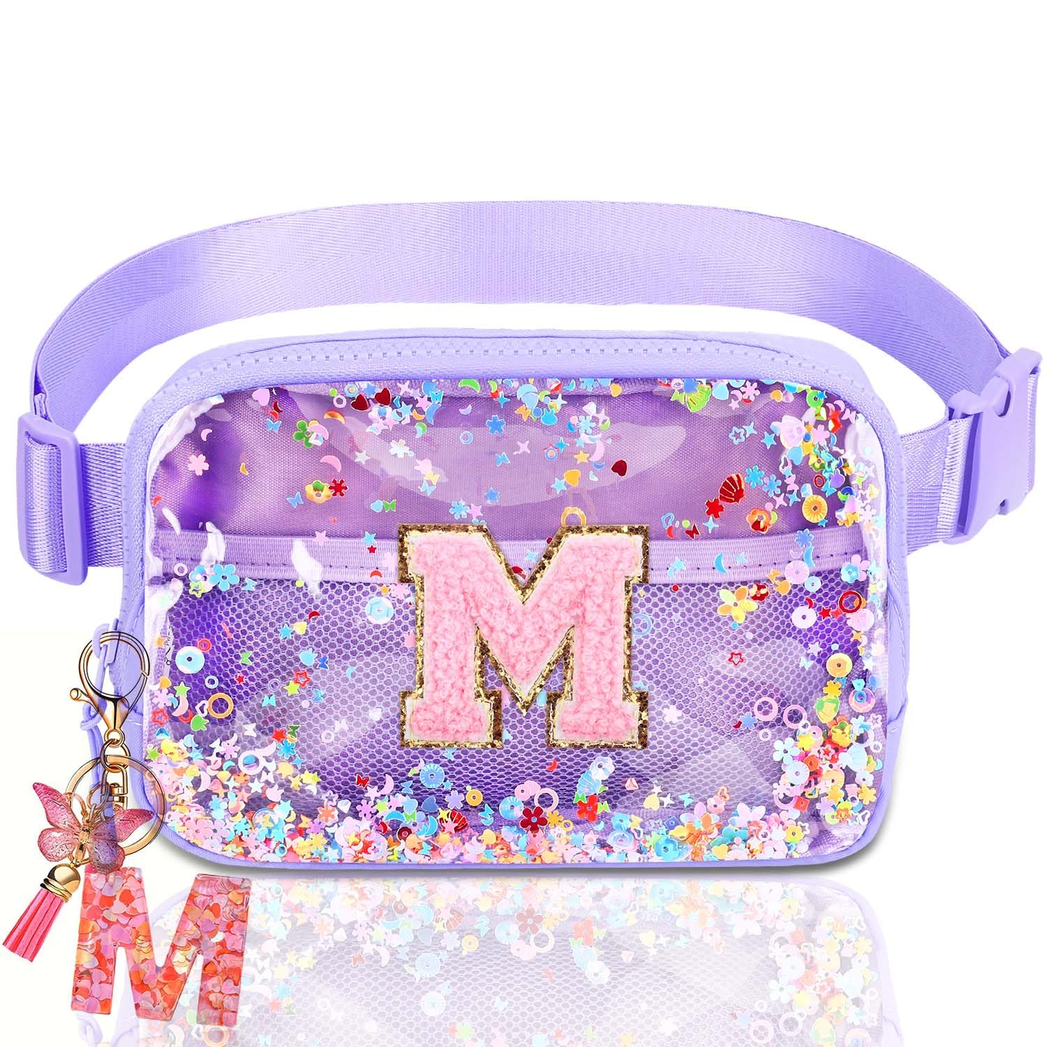 Initial Fanny Pack for Girls - Belt Bag for Teens Kid Teen Girl Kid Birthday Gift Clear Purple M