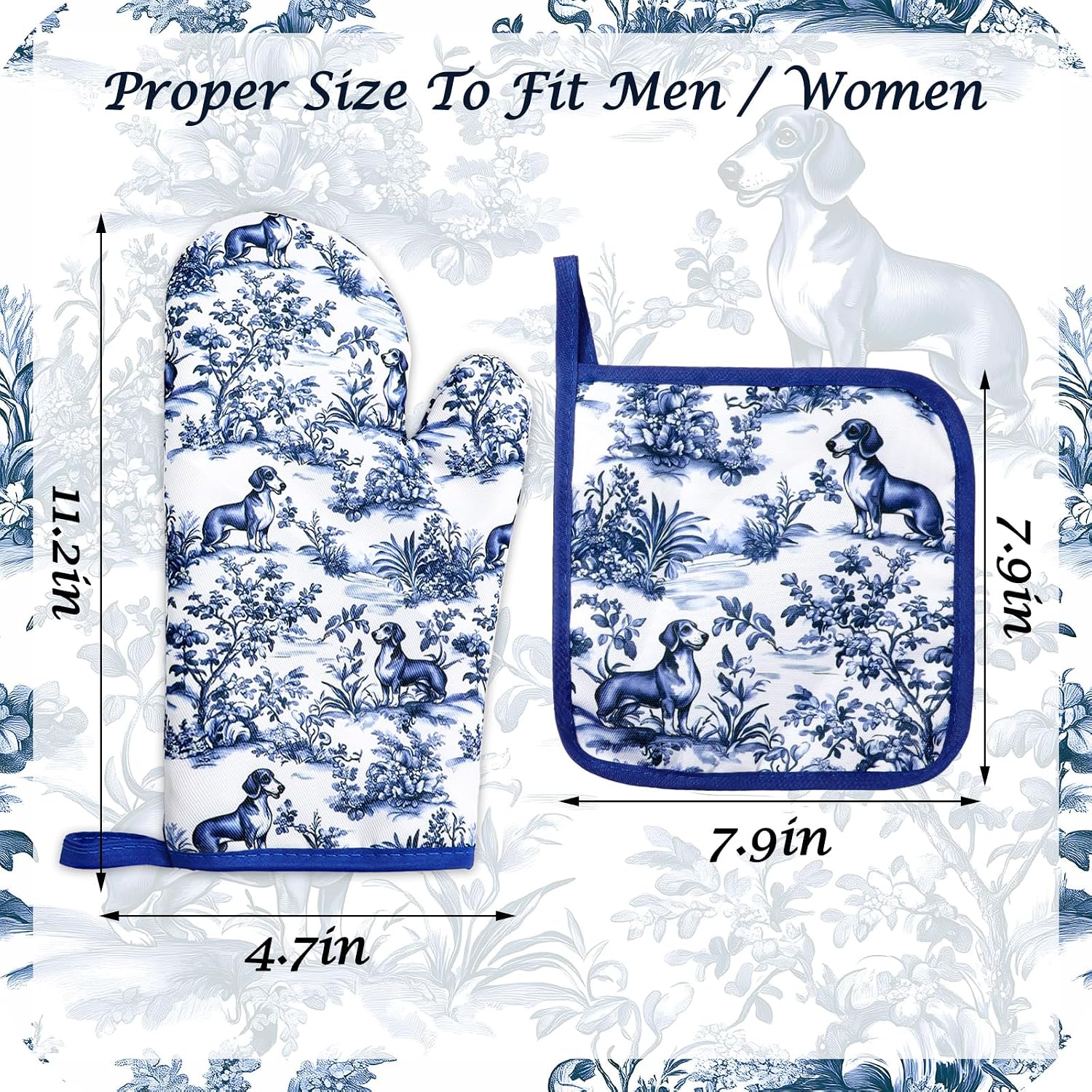 FYSUIMU 4 Pcs Chinoiserie Dachshund Oven Mitts and Pot Holders Set Heat Resistant Non-Slip Potholders Blue White Botanical Dog Kitchen Oven Gloves with Hot Pads for Cooking Baking