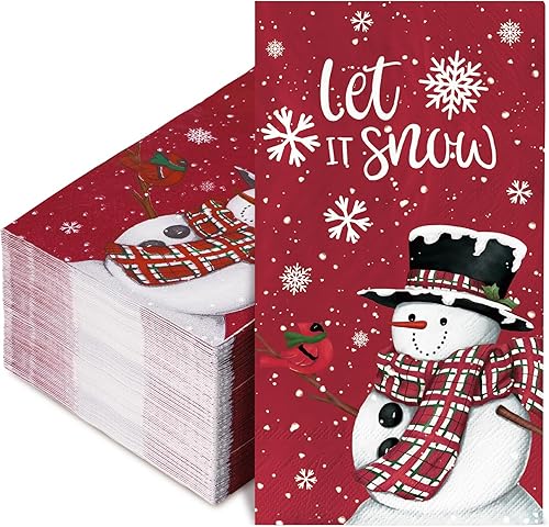 AnyDesign Paquete de 100 servilletas desechables con diseño de muñeco de nieve de Navidad, servilletas de papel de copo de nieve de nieve rojas para