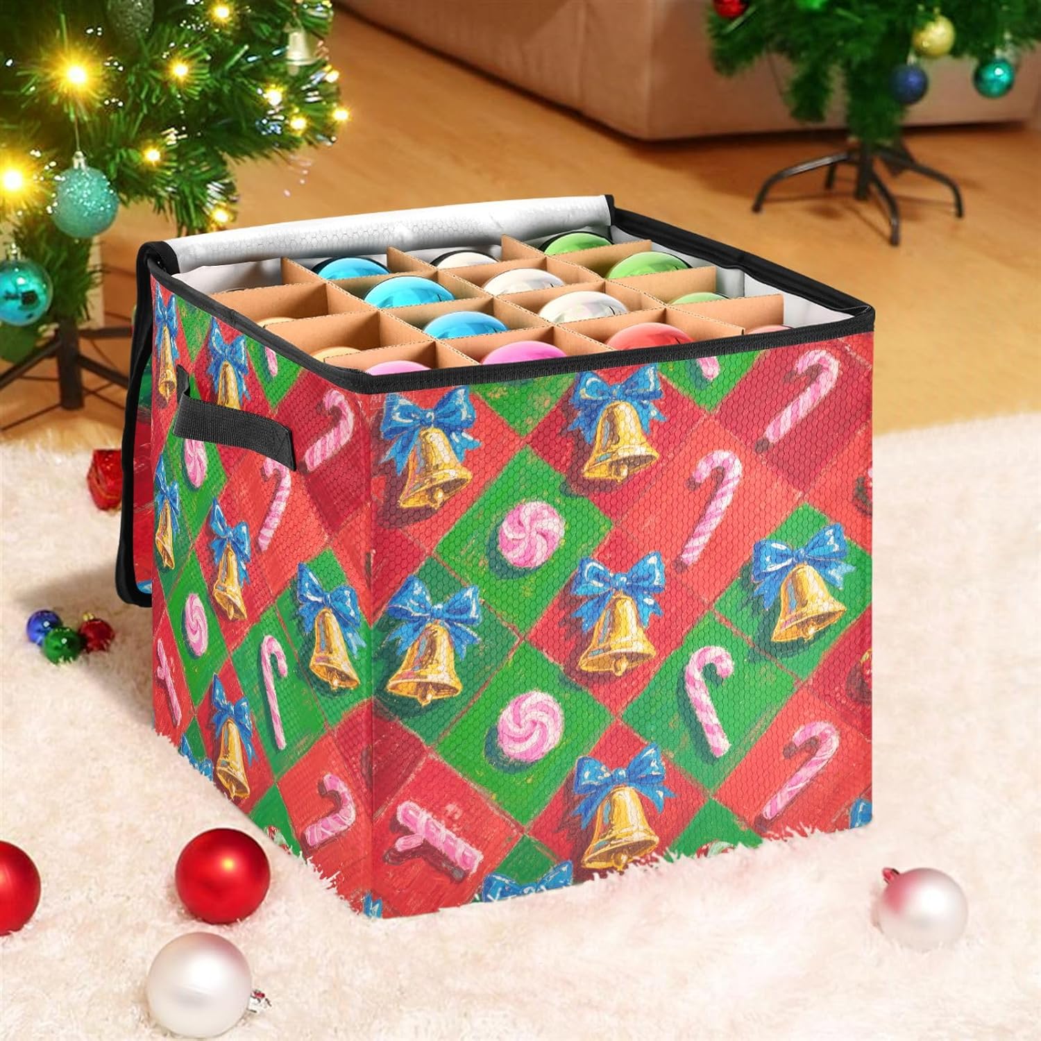 High Capacity Christmas Ornament Storage Box Holds Up to 64, Adjustable Dividers foldable Holiday Storage Case with Lid,Christmas Pink Candy Bell
