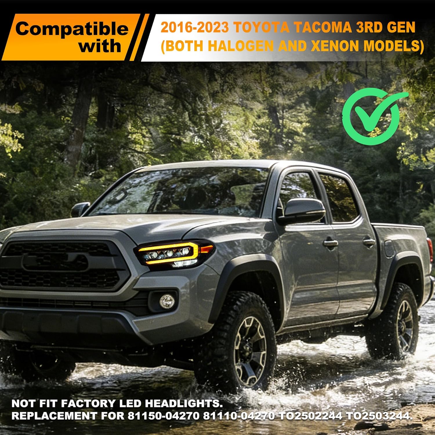 LED Triple Projector Headlights for 2016-2023 Toyota Tacoma 3rd Gen (Not Fit Factory LED Headlights w/LED DRL High/Low Beam Lens Amber Side Marker Lights Head Lamps LH+RH