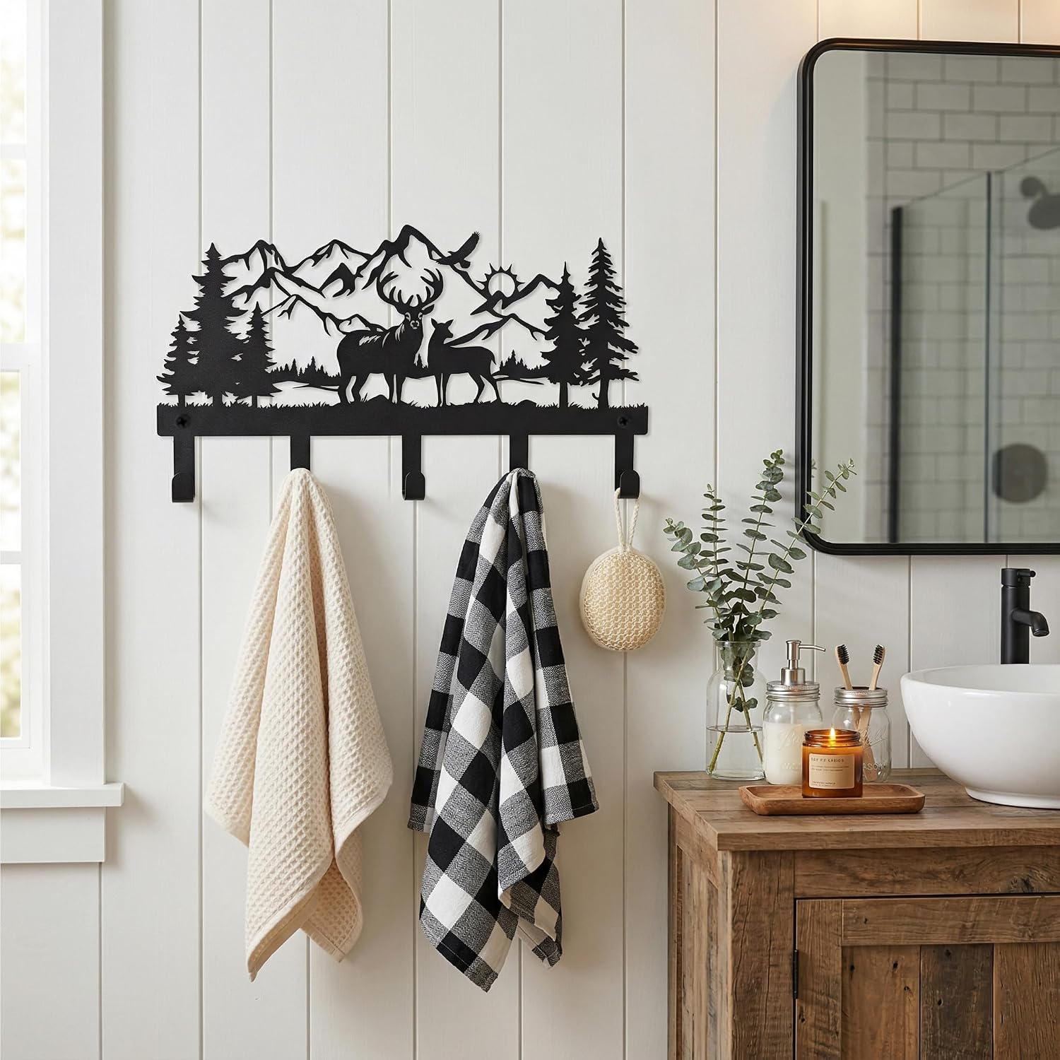 Deer Mountain Metal Key Holder Wall Mount Key Holder for Wall Rustic Cabin Decor Key Rack Hooks Hanger Woodland Wildlife Wall Art Entryway Organizer Housewarming Hunting Gifts