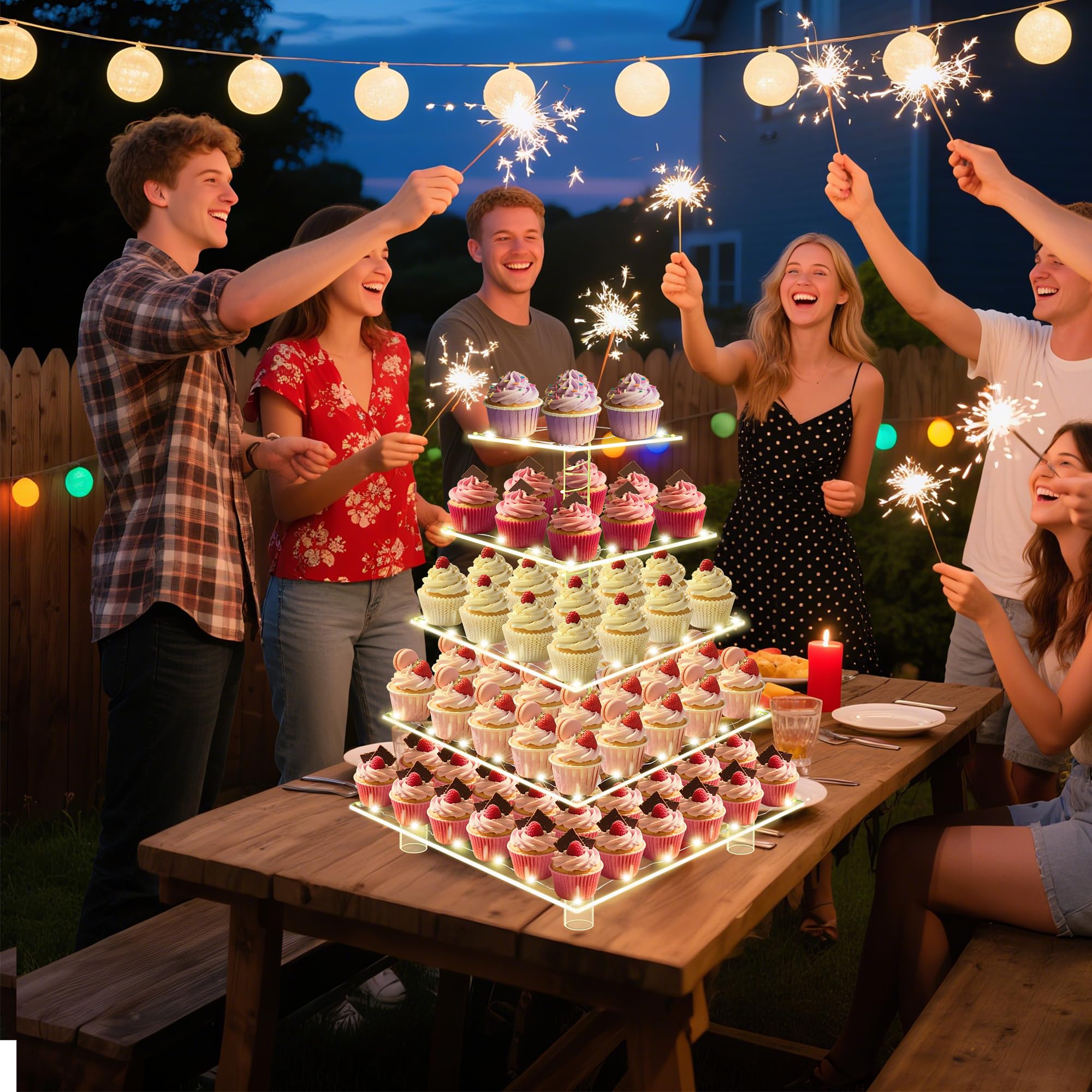 5-poziomowy stojak na babeczki, przezroczysta wieża na babeczki z lampkami sznurkowymi, duży kwadratowy uchwyt na babeczki, ekspozycja deserów na baby shower, przyjęcie herbaciane i wesele