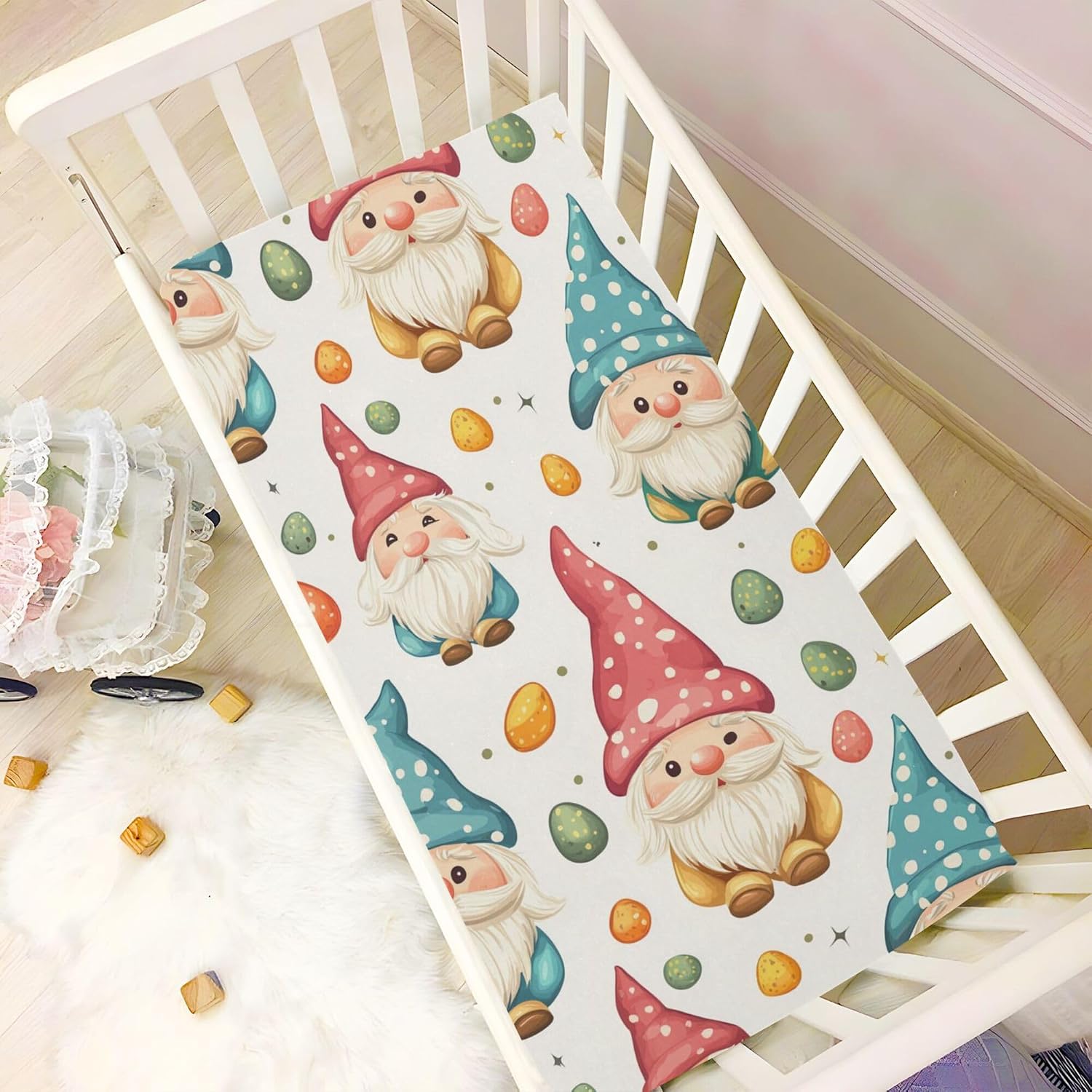 Cartoon Gnomes Easter Crib Sheets Soft Breathable Fitted Baby Crib Sheets Mattress Cover for Girls Boys, 52" x 28" x 9"