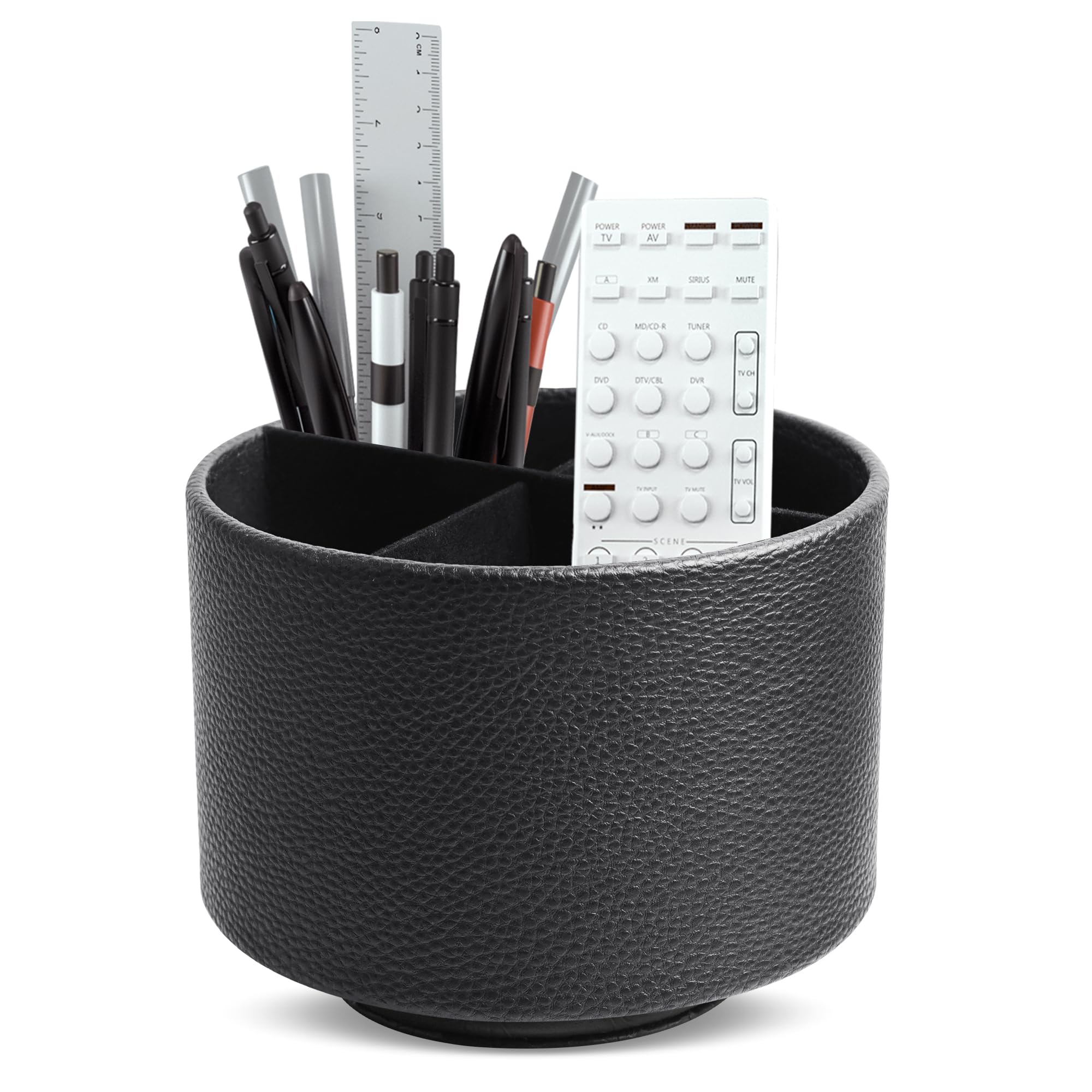 Mtzmy 1-Lichee Black Round Leather Art Supply Organizer,Remote Control Holder,360 Degree Spinning,Multi-Functional Pencil Holder,4 Compartments Desktop Stationary Organizer(1-Lichee Black)