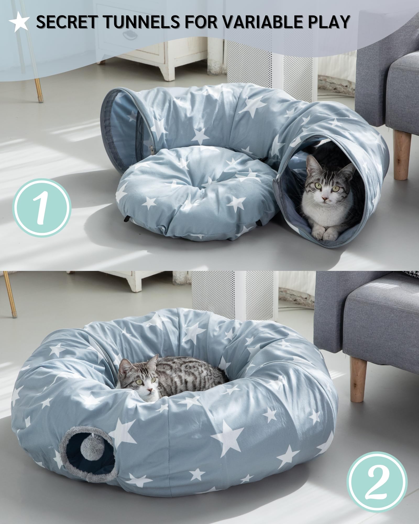 JanYoo Grand tunnel pour chat d'intérieur - Lit en forme de donut avec balle - Pliable - Interactif - Jouet pour chat d'intérieur - Gris