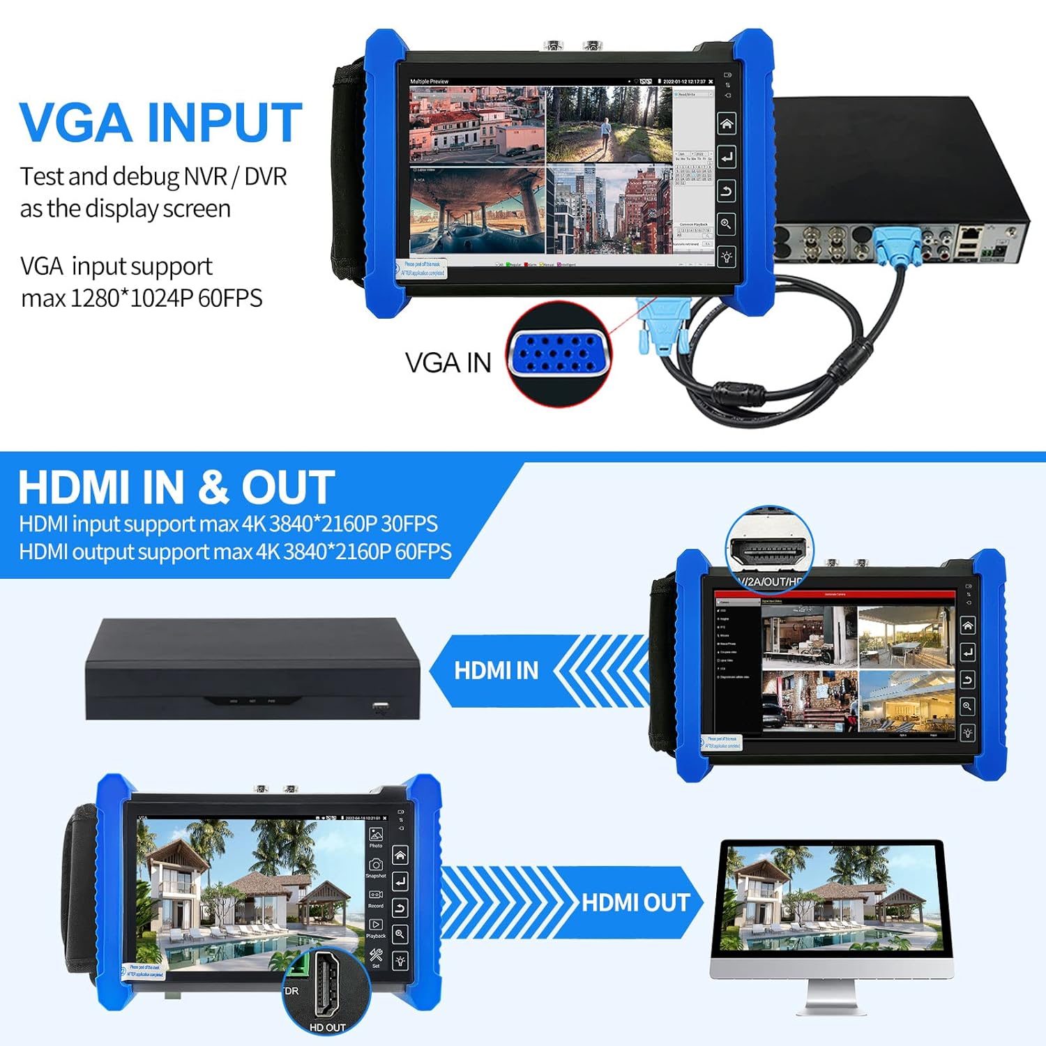 Rsrteng CCTV Tester,IPC-7600CADHS Plus 8K 32MP IP Camera Tester with Cable Tracer 4K 8MP AHD CVI TVI SDI CVBS Coaxial Camera Tester 7” Touch Screen Monitor Support HD VGA TDR WiFi Audio POE RS485