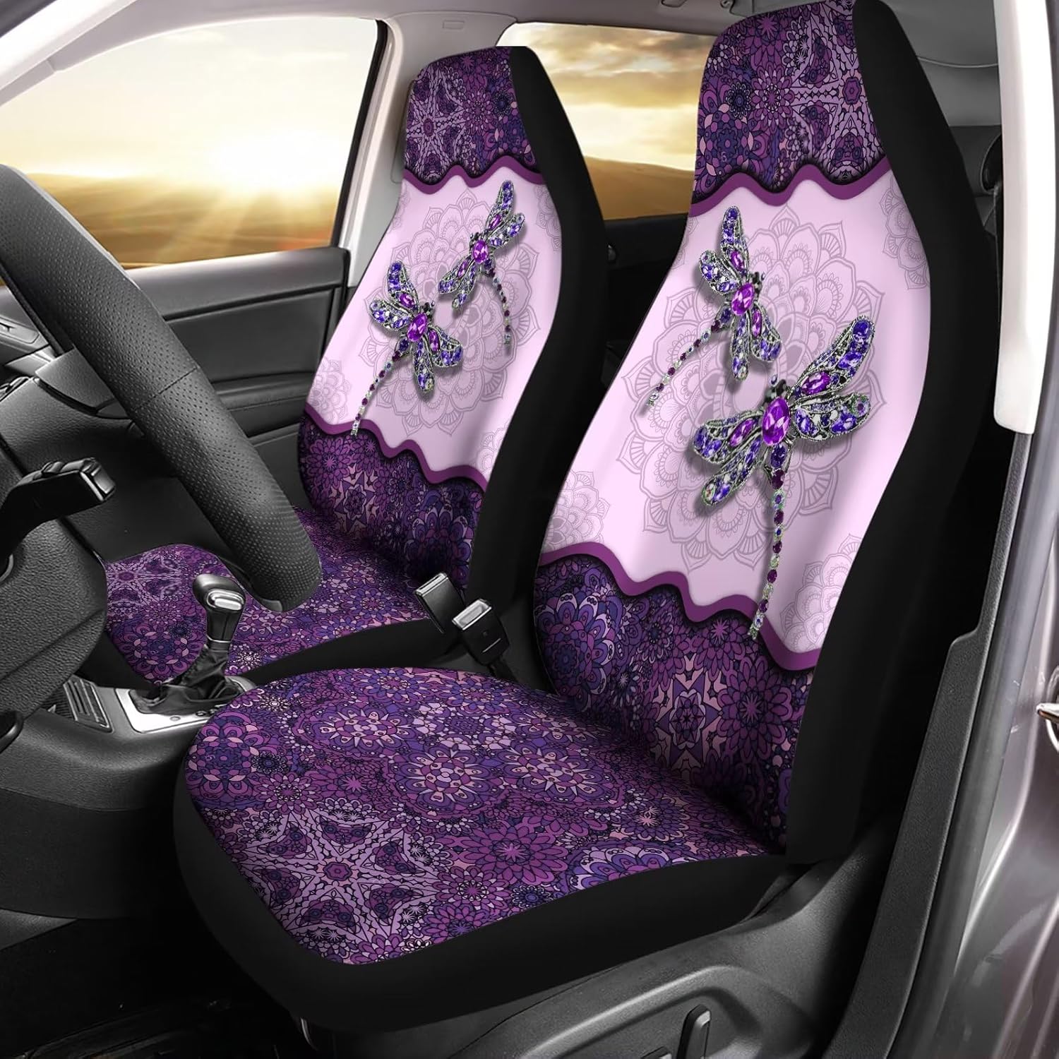 Bulopur Blue Boho Mandala Dragonfly Car Seat Cover, High Back Stretchy Car Seat Protector Cover for Women, Comfortable 2 Piece Car Seat Covers Universal Fit for Most Vehicle Cars