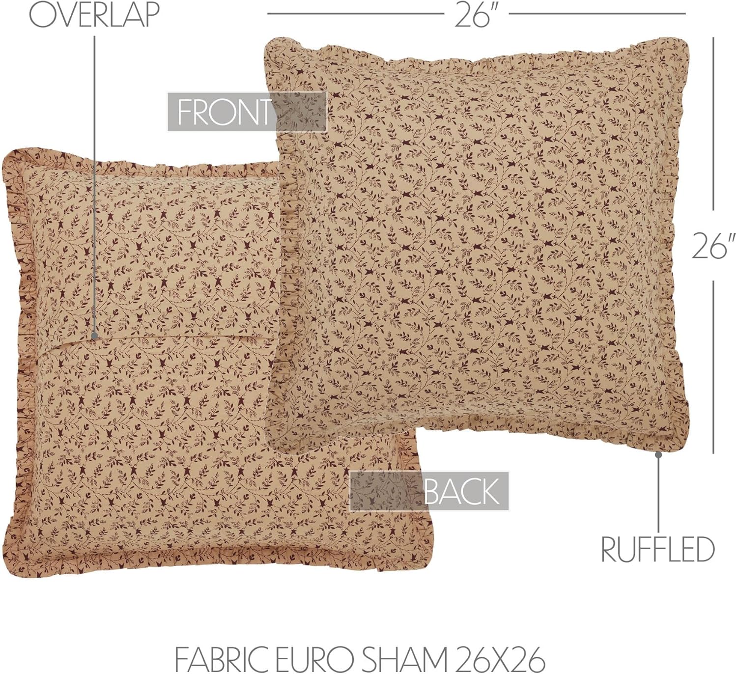 VHC Brands Euro Sham Ruffled, Cotton Bedroom Euro Sham Covers, Flat Weave, Bedding Accessory, Bedroom Decor, No Insert, for Bed Couch Sofa, Pip Vinestar Collection, Square 26x26, Natural