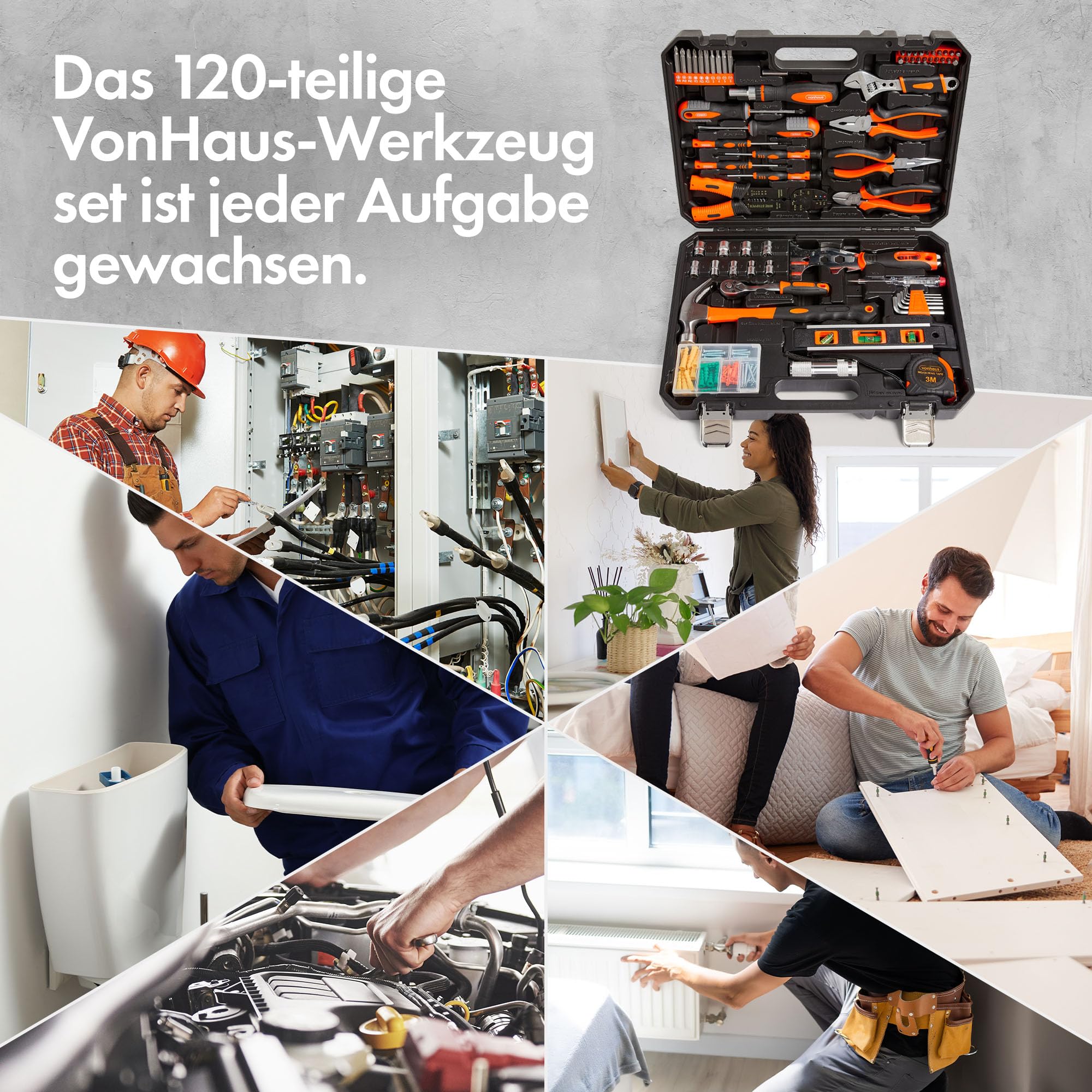 VonHaus Werkzeugset Haushalt, Ultimativer 120-Teiliger Werkzeugkoffer, Enthält Werkzeuge, LED-Taschenlampe, Sechskantschlüssel, 3m Maßband & Mehr mit Werkzeugkiste, DIY-Set- Perfekt für Anfänger