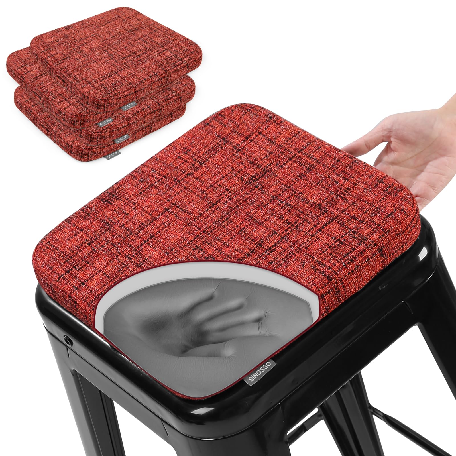 SINOSSO Memory Foam Bar Stool Cushions 4 Pcs, Modern Interwoven Style Magnetic Small Chair Pads Use for Cafe Bistro Stackable Metal Stool (Square, Red
