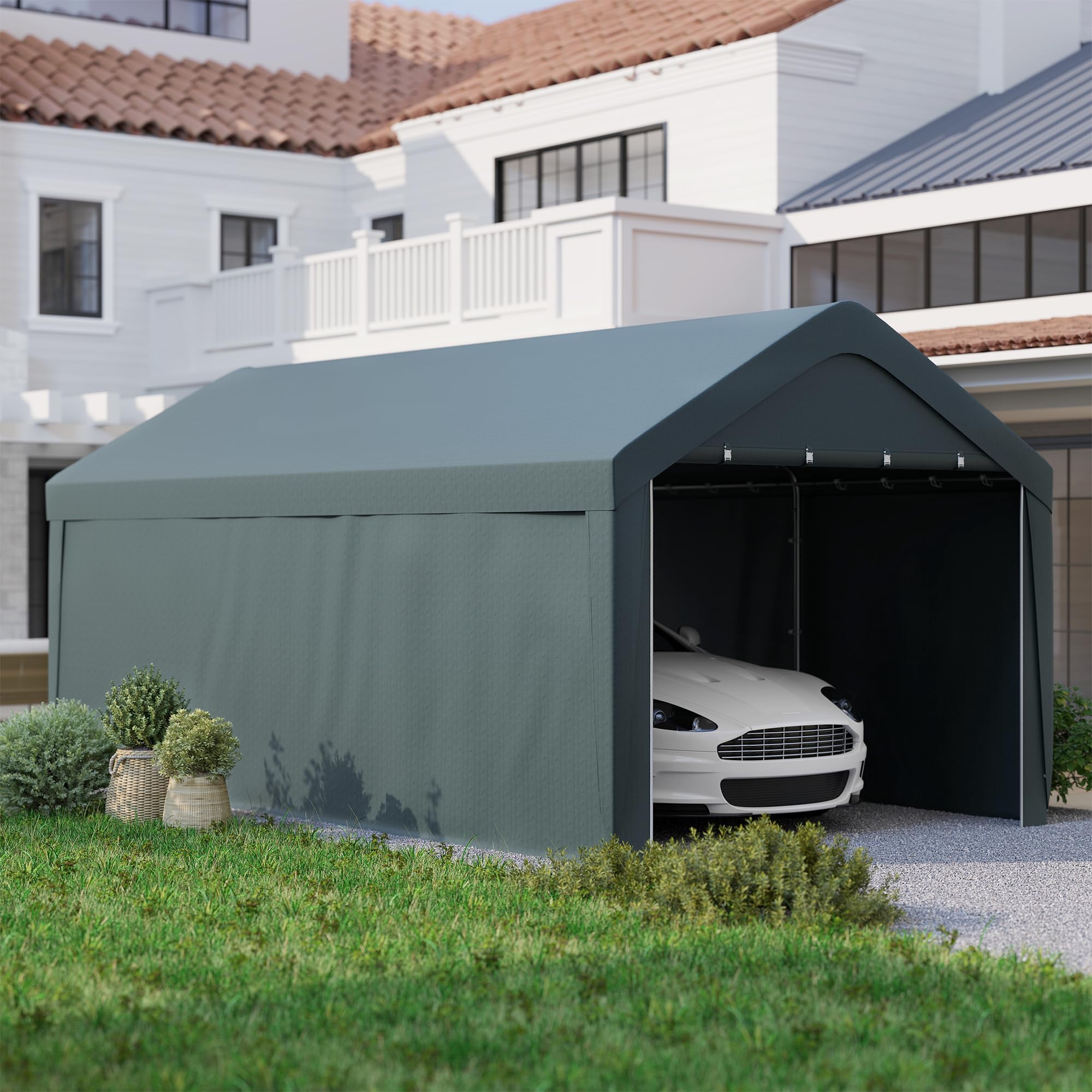 Outsunny Carport Tente de Garage 3 x 6 m, abri Voiture extérieur avec parois latérales Amovibles et 2 Portes zippées enroulables, Tente de Stockage carport pour Voiture, Camion et Bateau, Gris foncé