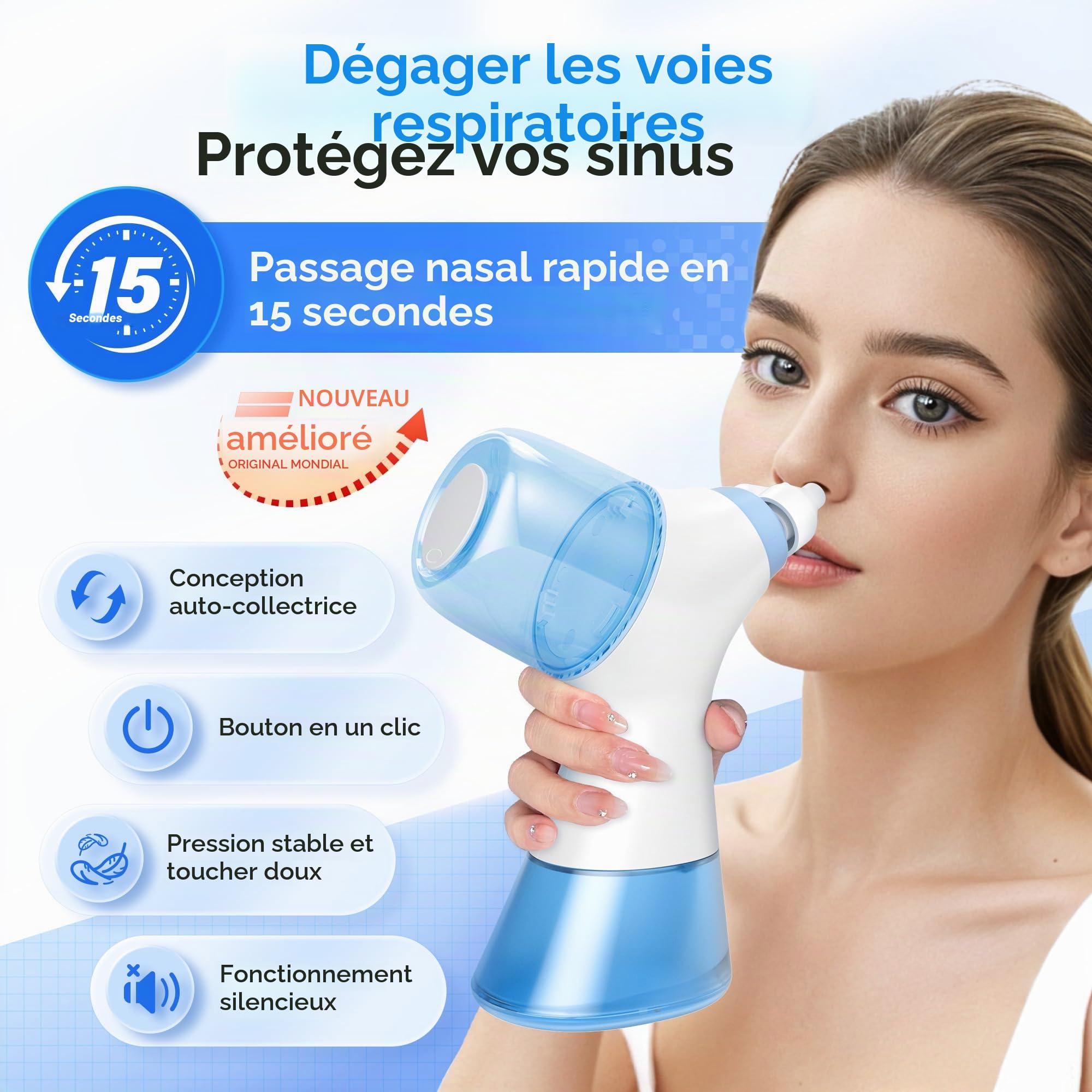 Système de Lavage Nasal Amélioré à Double Alimentation, Rince-Nasal Électrique, Soulagement des Sinus, Kit avec 30 Sachets de Solution Saline (Large)