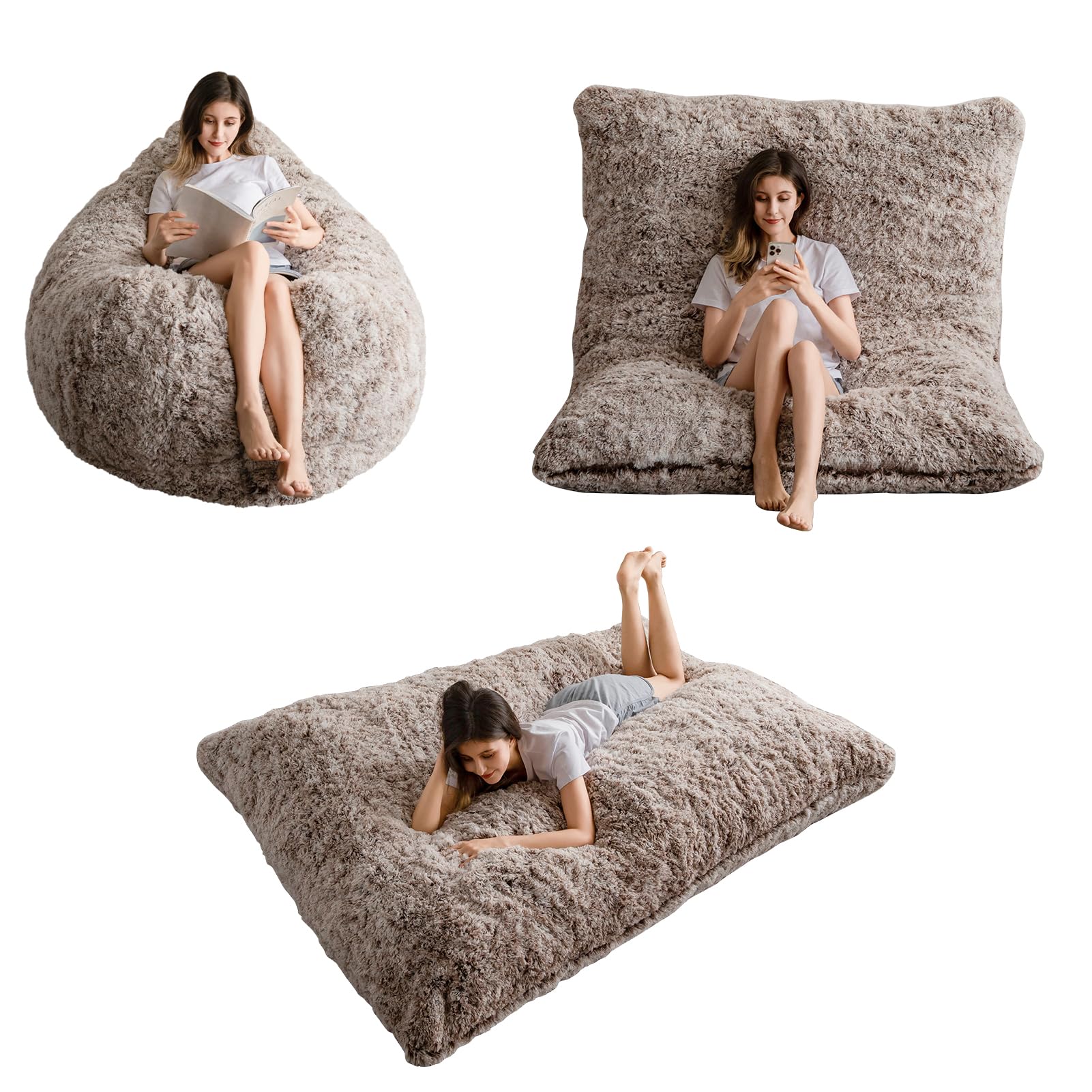 MAXYOYO Giant Bean Bag Bed - Square Bean Bag Chair - Large Sofa with long Faux Fur Cover and Fluffy Filling Included for Adult, Couples, Guest (Brown, Full)