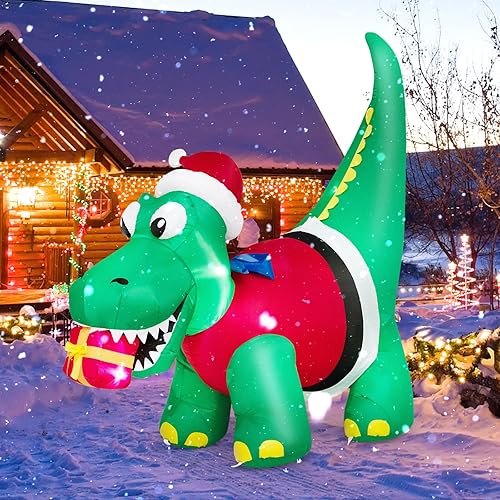 Tangkula Mordedura inflable de dinosaurio de Navidad iluminada de 6 pies, caja de regalo, decoración inflable de Navidad con luces LED y caja de
