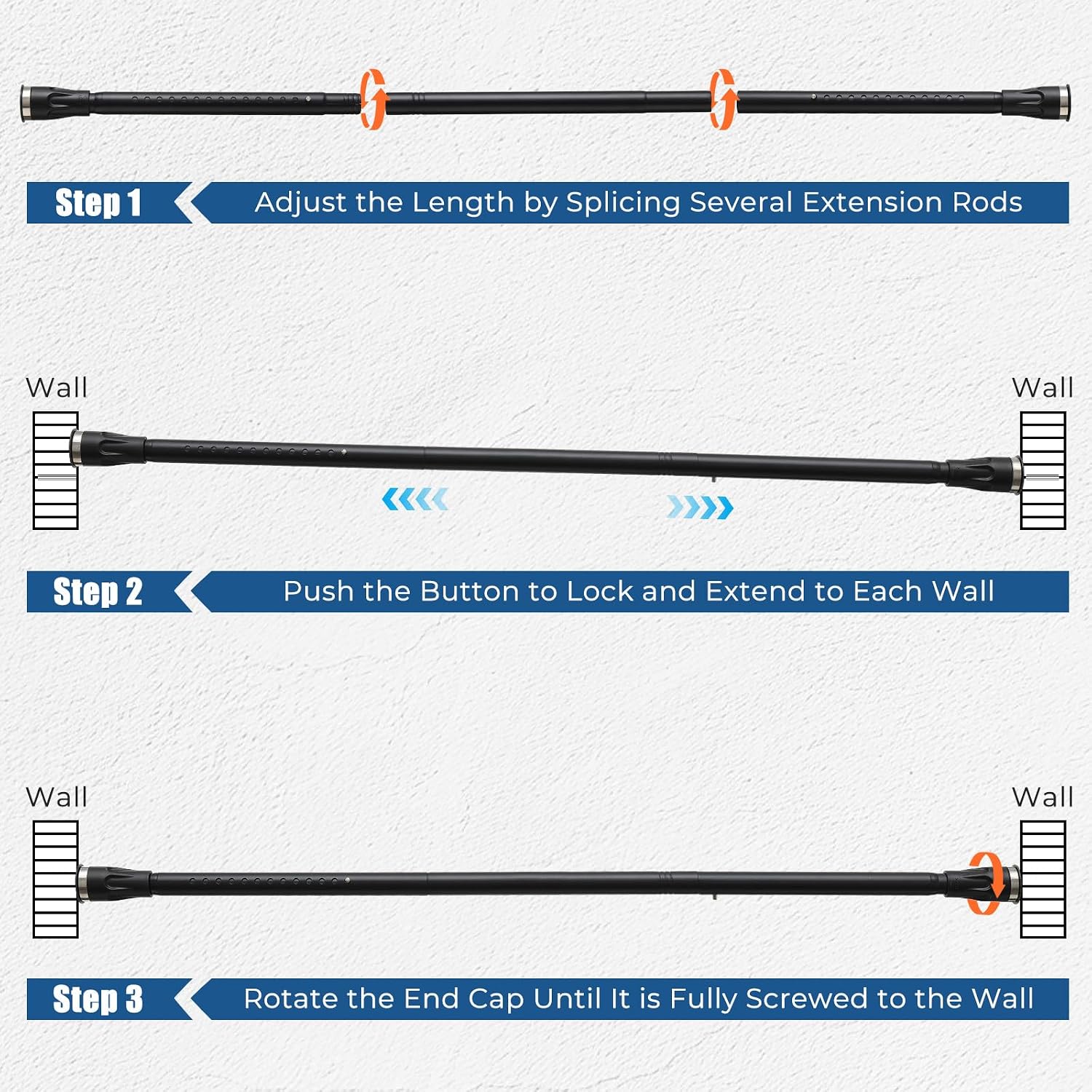 Shower Curtain Rod, 3-Way Installation (No Drilling, Adhesive Or Screw In Mount), Adjustable Shower Rod, Non-Slip Tension Rod, No Drill Curtain Rod for Bathroom, Closet, Room Divider (Black)