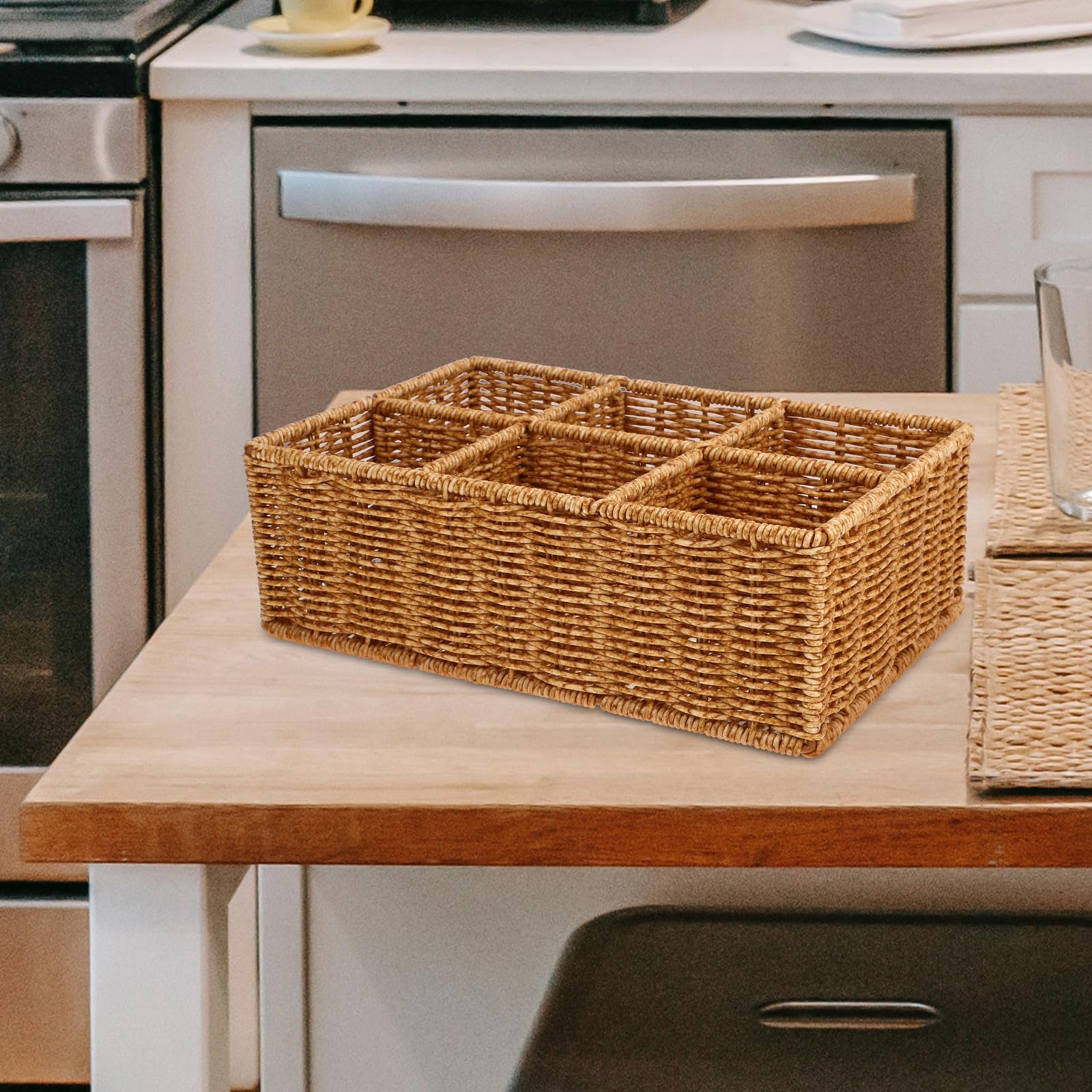 MAGICLULU Organizador de Cajón para Cubiertos Pequeño de Ratán Plástico Color Caqui, Cesta de Almacenamiento Multifuncional y Fácil de Limpiar para Cocina y Picnic