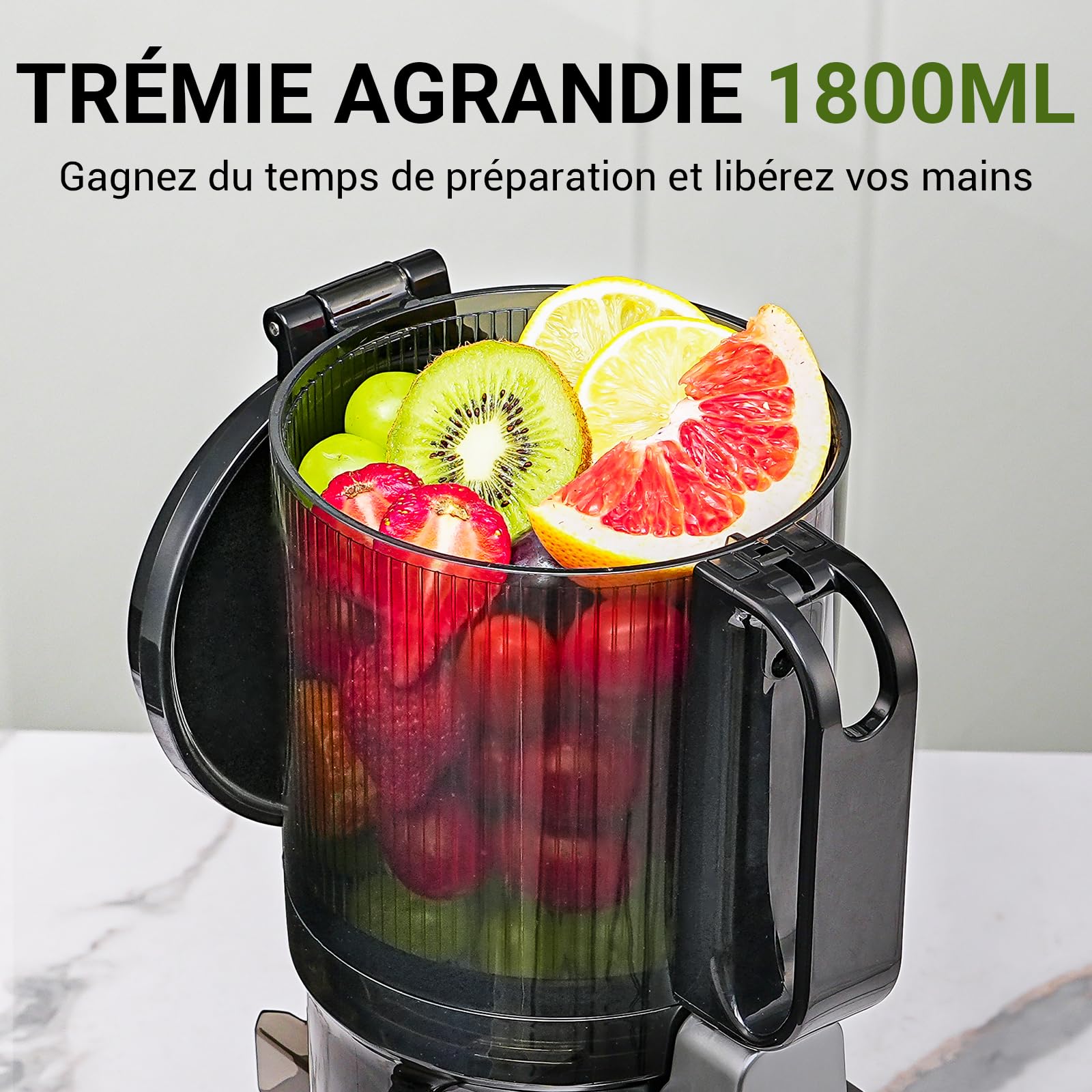 AMZCHEF Extracteur de jus automatique Vos mains libres, Ouverture de 135 mm et capacité de 1,8 L Extracteur de jus de fruits et légumes entiers, Extracteur jus lent de 250W avec triple filtre - Rouge