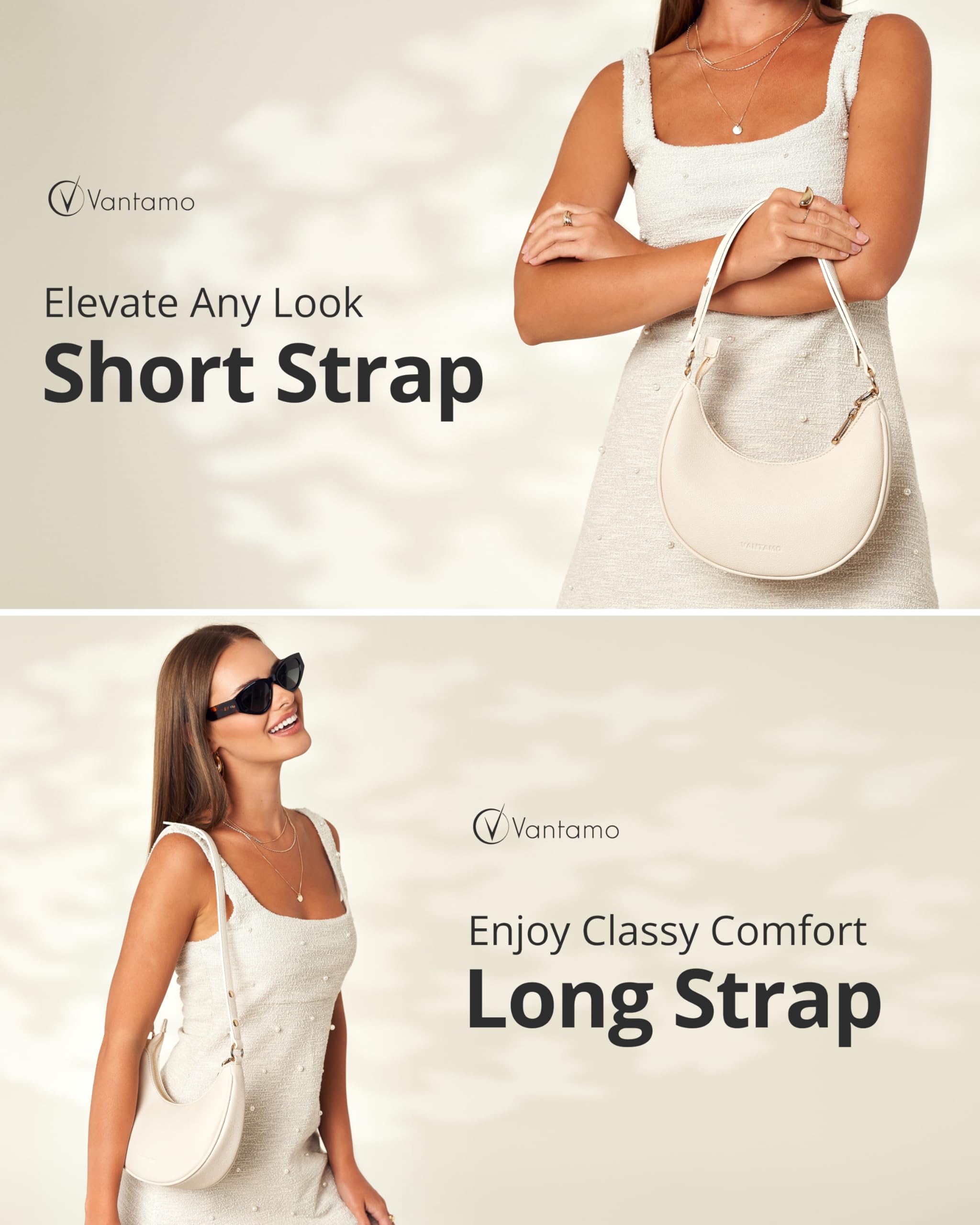 Vantamo Crescent Bags For Women with RFID Protection, Half Moon Clutch Purses for Women with Anti-Theft Clip for Extra Safety: Off-white