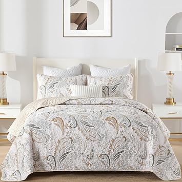 WONGS BEDDING Boho Quilt Set King Size,Beige Paisley Floral Pattern Bedspread Coverlet Set with 2 Pillowcases,Lightweight Microfiber Bohemian Quilt Bedding Set 104"×90"