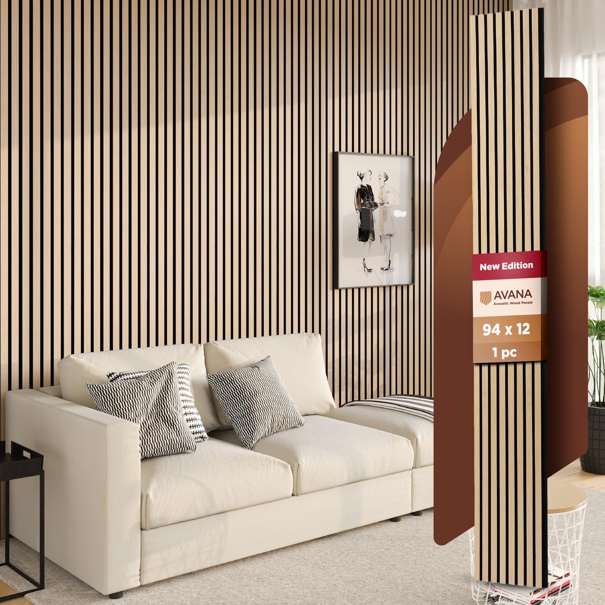 Avana Modern Acoustic Wood Wall Panel –93.2x11.25 Inch Panels – Fits 94x12 Layout – White Oak Acoustic Panel 1 PC – Wall Panels For Interior Wall