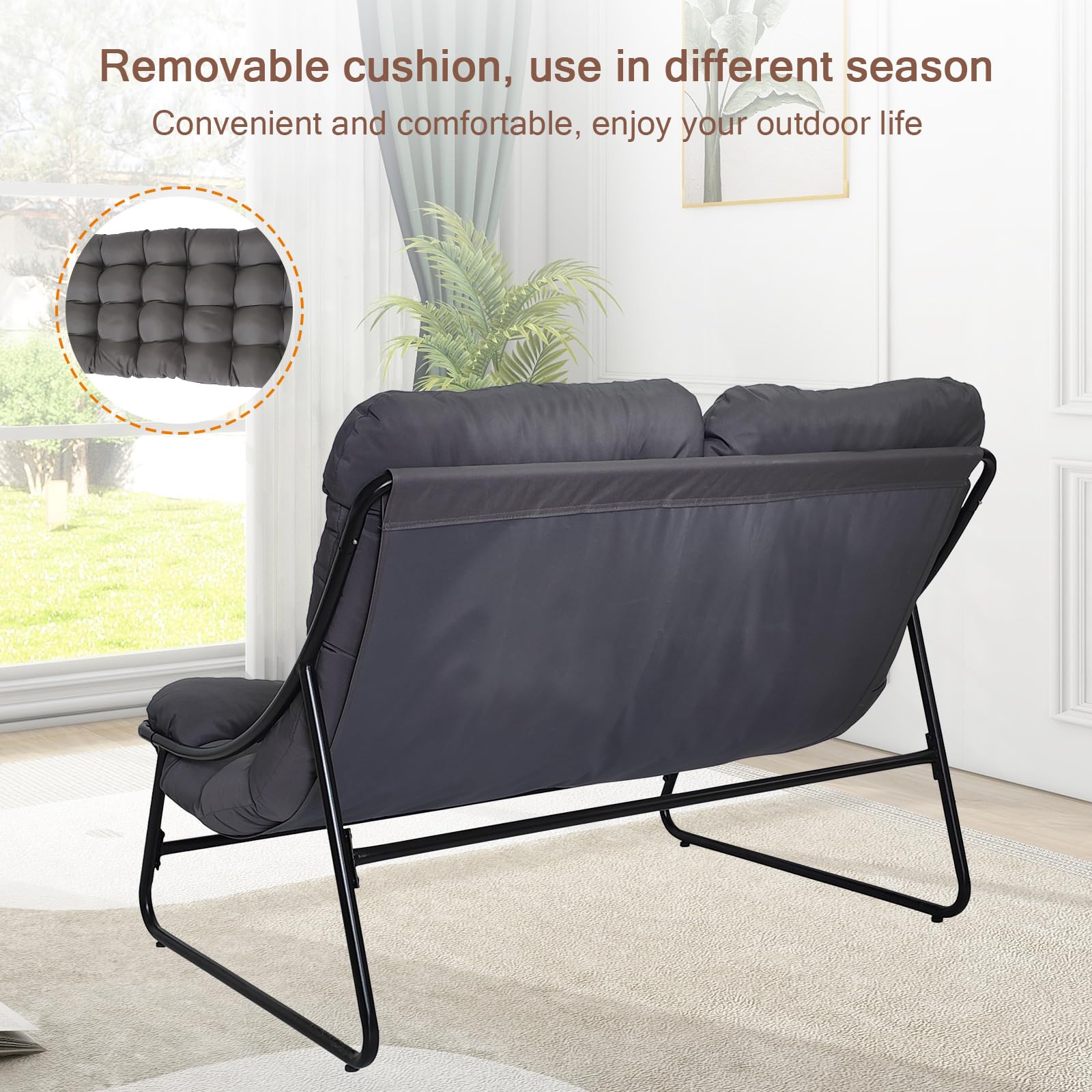 Sillón de salón para exteriores, sillón doble para exteriores, con cojín de 8 cm extraíble, tumbona de jardín para 2 personas, sillón de relax para jardín, terraza (negro/con 2 taburetes)