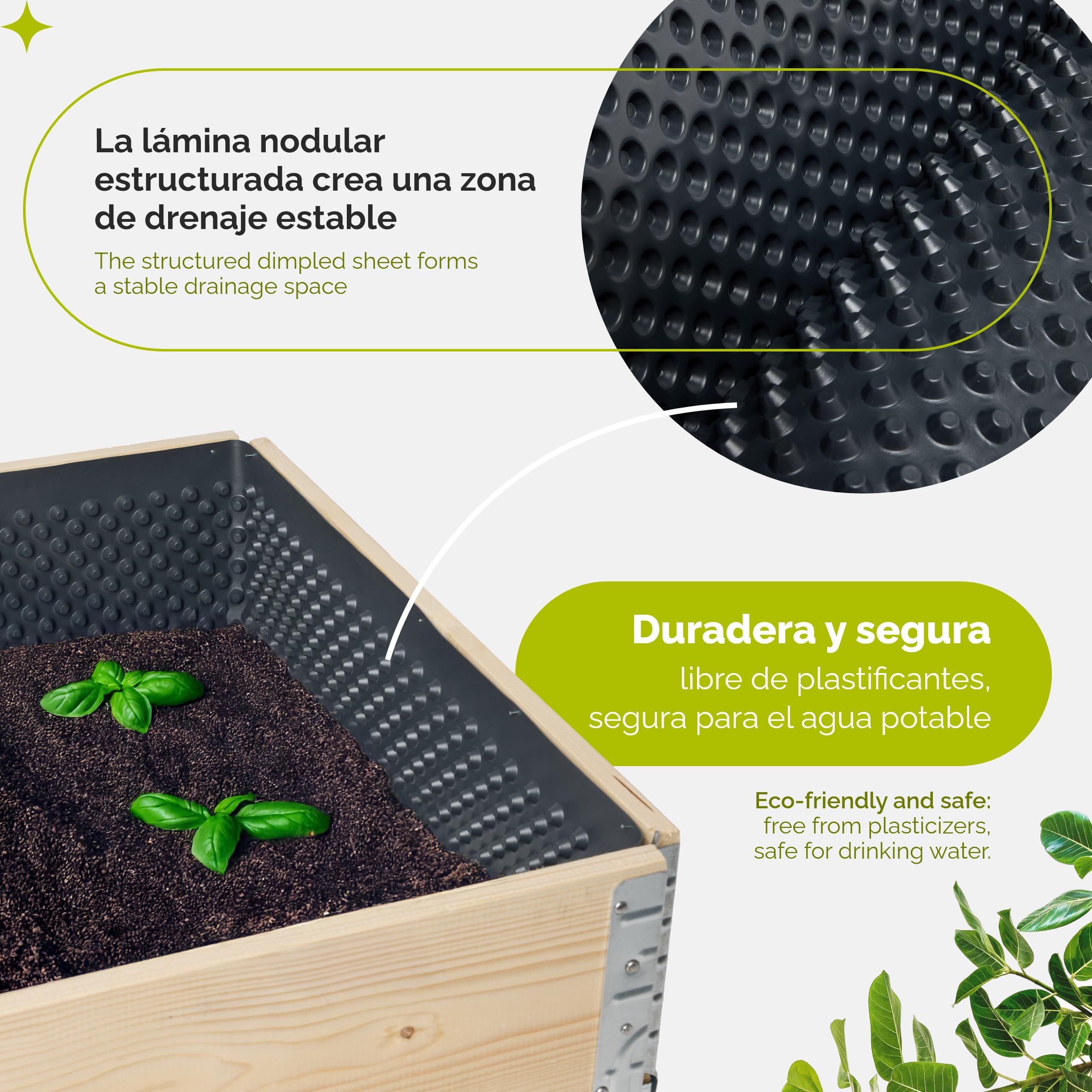 Garronda Lámina Drenante Nodular para Camas Elevadas 1 × 10 m – Forro e Inserto Protector de HDPE Resistente para Jardinera Elevada de Madera, Huertos Urbanos y Cultivo de Plantas y Flores GD-0182