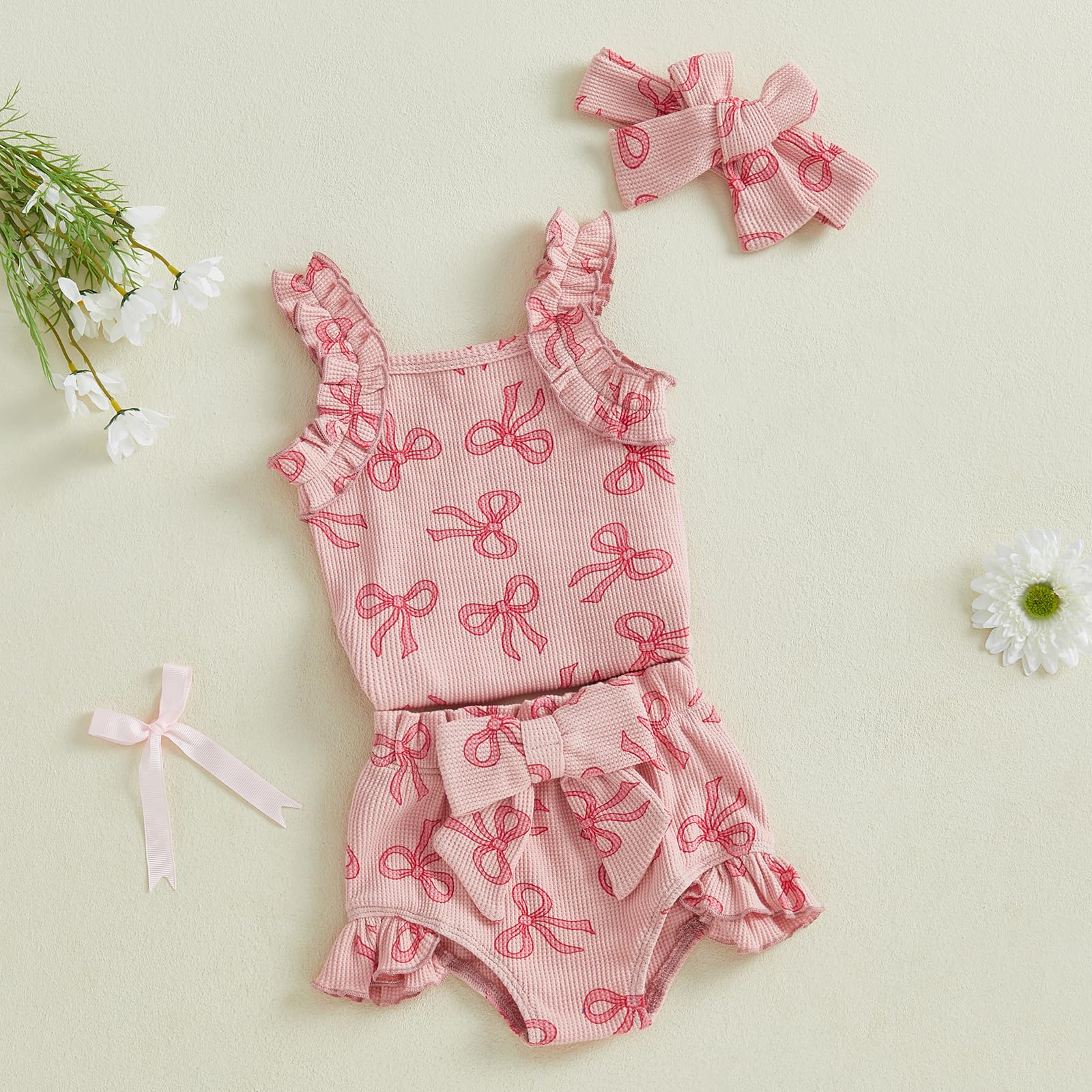 Youweixiong Newborn Infant Baby Girl Bow Outfit Waffle Knit Ruffle Sleeveless Romper Top Bloomer Shorts Headband Cute Summer Clothes 3Pcs (Pink, 12-18 Months)