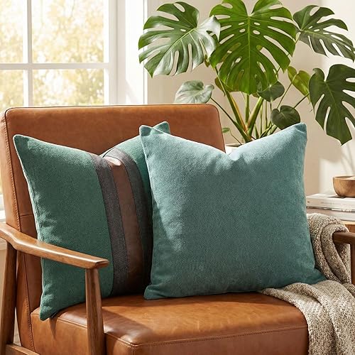 Vista 13 de BOYSUM Juego de 2 fundas de almohada de cuero, decoración de exteriores, de lino marrón, de imitación de piel sintética, para sofá, café, 16 x 16