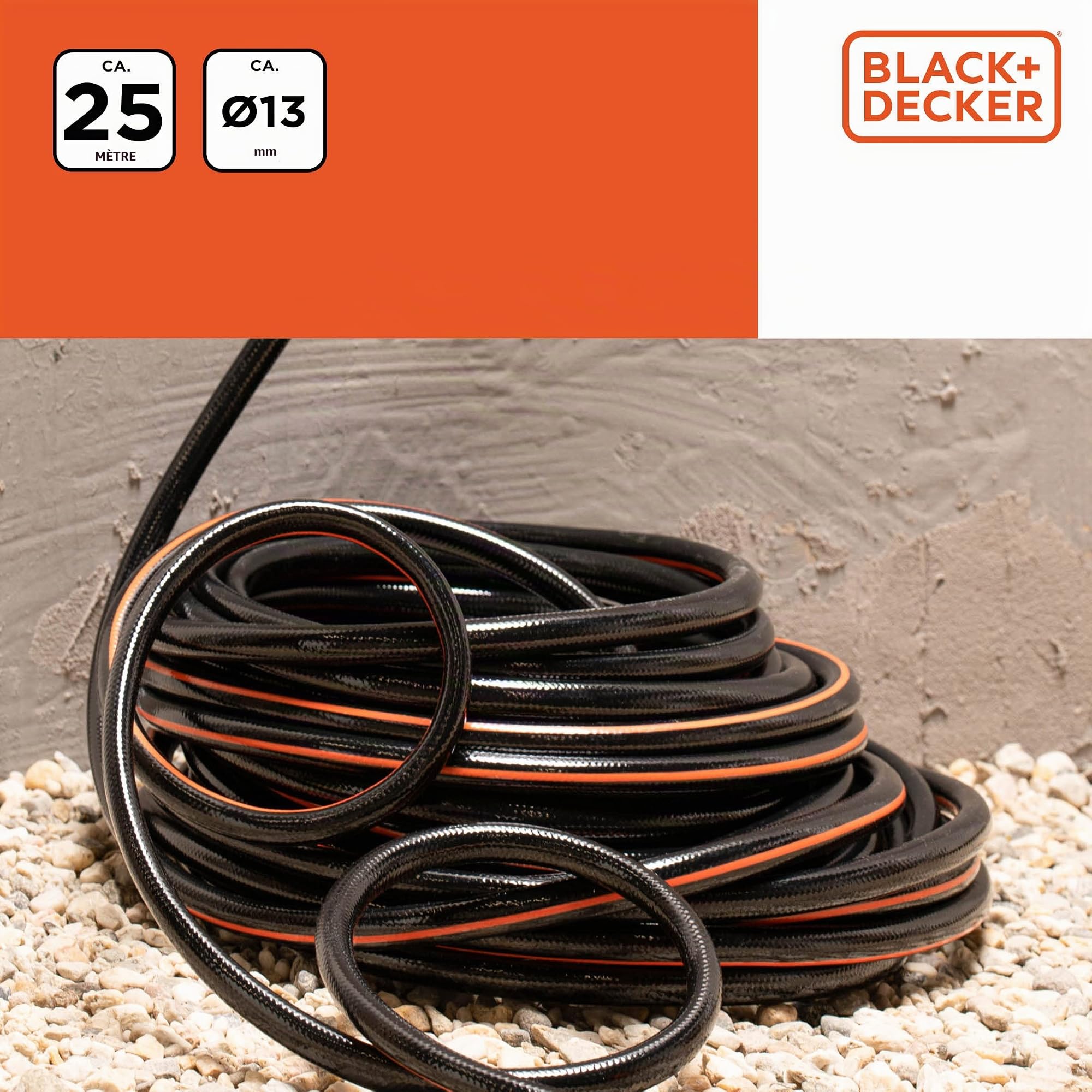 BLACK+DECKER Tuyau d'Arrosage 25M - Tuyau Jardinage ⌀12mm - Outillage de Jardin - Max. 6Bar - PVC - Noir/Orange