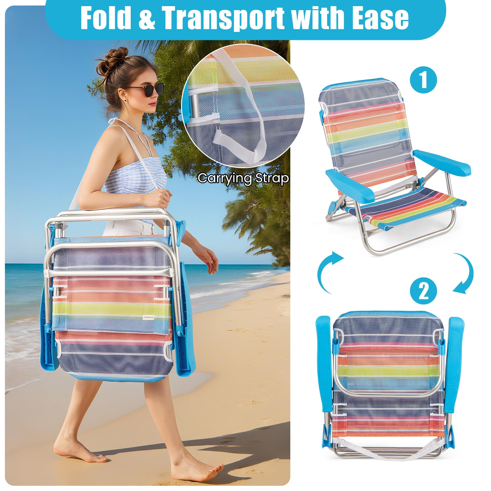 KOMFOTTEU Juego de 2 Sillas de Playa Plegable, Silla de Camping con Ajustable en 5 Posiciones, Tumbona Reclinable con Correa de Transporte, Carga de 150 kg, para Jardín, Pesca (Pequeño)