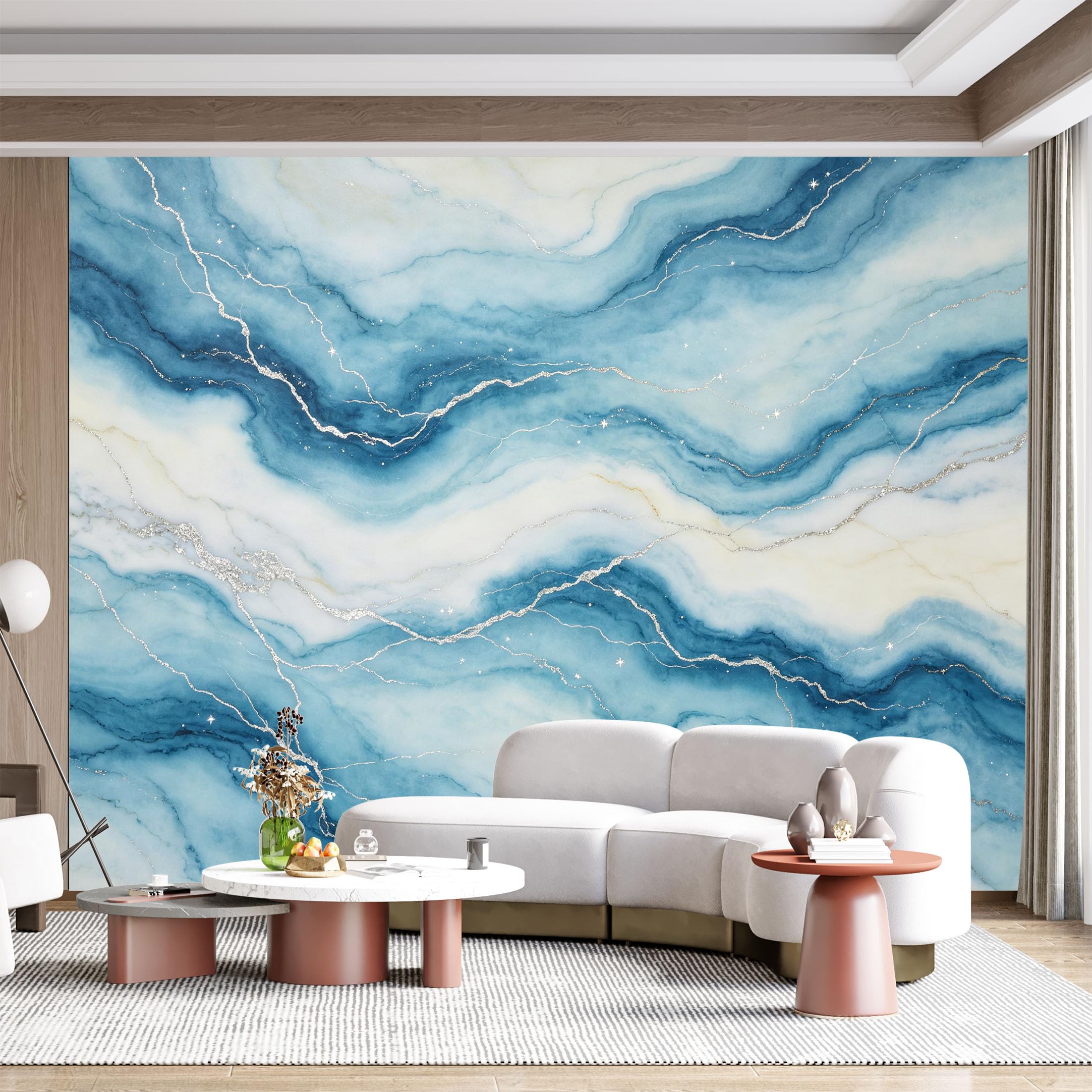 Custom Size Wall Mural Blue Agate Swirl Glitter Texture Abstract Watercolor Geometric Marble Metallic Silver SelfAdhesive Wall Fabric Removable for Home Office Decor