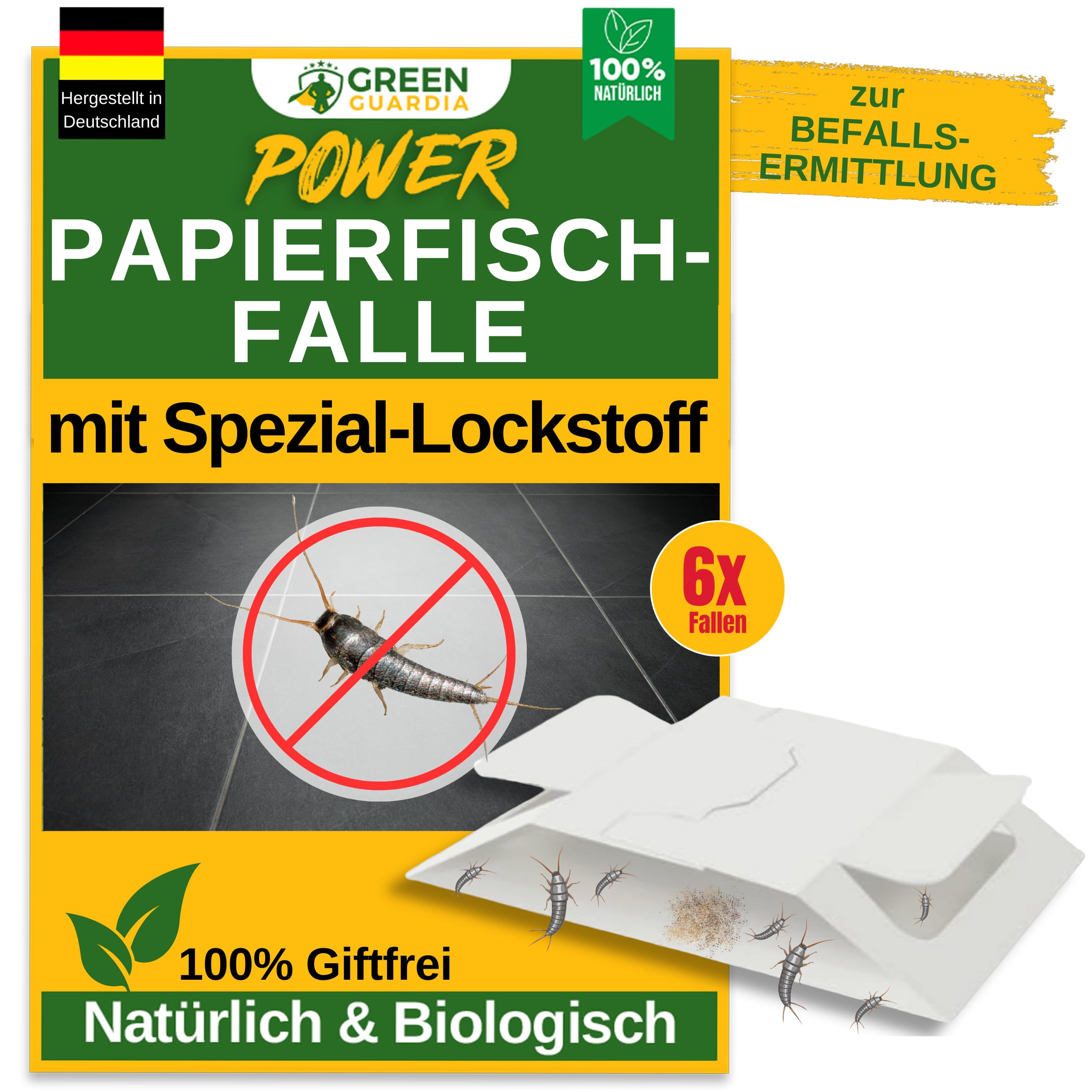 GREEN GUARDIA Papierfisch Falle mit Spezial-Lockstoff - 6X Papierfisch Fallen - umweltfreundlich Papierfische bekämpfen, Chemiefreie Falle mit starker Klebefläche, giftfrei & geruchsneutral