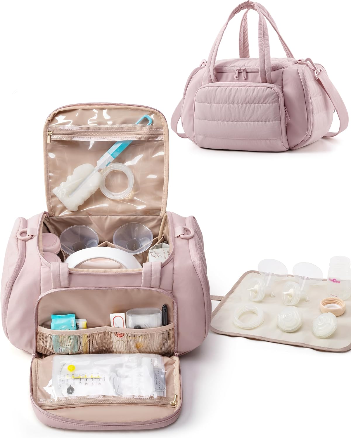 Marscamd Quilted Breast Pump Bag Compatible with Spectra S1 and S2, Pumping Bag with Cooler Compartment and a Drying Mat, Pink