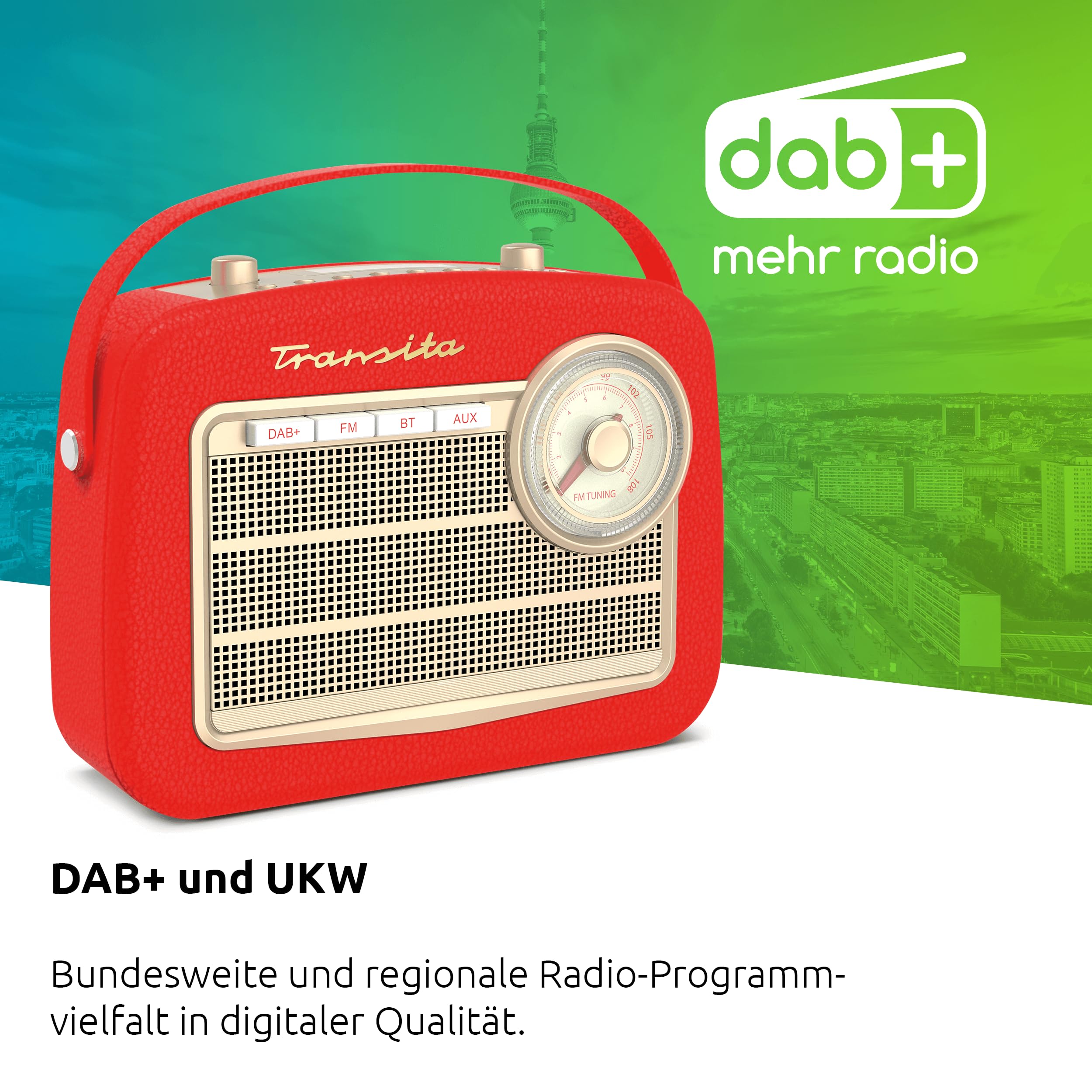 TechniSat Transita 130 - portables DAB+/UKW-Retroradio mit UKW Frequenzregler (Bluetooth-Audiostreaming, USB, Dot-Matrix LC-Display, Akku für bis zu 24 Stunden, Tragegriff, Kunstleder-Gehäuse) rot
